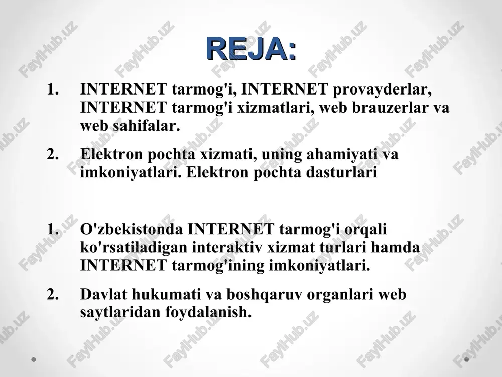 adi. “elektron aloqa orqali ixtiyoriy ma'lumotlarni kerakli manzilga uzatish mumkin. masalan: matn, chizma, sxema, diagramma, rasm, jadval, musiqa va boshqalar. elektron aloqa hujjatni manzil bo'yicha yo'llash qoidalariga bo'ysinishi va aniq o'lchamlarga ega bo'lishi zarur. elektron aloqa quyidagi vazifalarni bajaradi: hujjatlarni kiritish va ularni chiqarish; hujjatlarni aloqa qutisiga uzatish; xatolarni tekshirish va tug'rilash; dastlab jo'natish qurilmalarini qo'llash va qabul qilinganligini ta'kidlash; foydalanuvchilar bilan ishlash. elektron pochta xizmati va uning afzalliklari internet–xalqaro tarmog'ining asosini electronic mail (e-mail) - elektron pochta xizmati tashkil qiladi. elektron pochta xuddi odatdagi pochtadek bo'lib, faqat bunda xatni qog'ozga emas, balki kompyuter klaviaturasidan harf va so'zlarni terib, elektron signallarning ma'lum tartibdagi ko'rinishiga keltiradi. elektron pochta maxsus dastur bo'lib, uning yordamida dunyoning ixtiyoriy joyidagi elektron manzilga xat, hujjat, ya'ni ixtiyoriy faylni tezda (bir necha soniyalarda) jo'natish va qabul qilibolish mumkin. bundan tashqari ma'lum talablar mavjud, ya'ni bunda xat jo'natayotgan foydalanuvchi va qabul qilayotgan foydalanuvchi ham internet tarmog'iga ulangan kompyuterga …