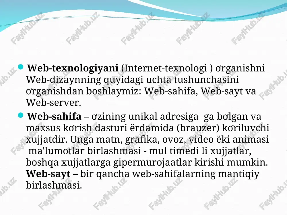 axborot makoni; internet kanalining o'tkazish qobiliyati (kengligi); fayllarni boshqarish usullari; standart skriptlar to'plami; server tomonida dasturlash mumkinligi; serverda ma'lumotlar bazalaridan foydalanish; bir yoki bir necha pochta qutilarini tashkil etish; uzluksiz elektr energiyasi bilan ta'minlash. proksi xizmati, anonim proksilar va ularning vazifalari, ijobiy va salbiy tomonlari proksi kompyuter tarmog'i xizmatidir. proksi xizmati orqali kompyuter tarmoqlari mijozlariga boshqa tarmoq xizmatlaridan bevosita foydalanish imkoni beriladi. mijoz avval proksi serverga ulanadi va u orqali boshqa serverda joylashgan biron bir resursga murojaat qiladi. misol tariqasida shuni keltirish mumkinki, ko'pgina hollarda kompyuter tarmoqlaridagi bir guruh foydalanuvchilar yagona internetga ulangan kompyuter orqali kompyuter xizmatlaridan foydalanishadi. ba'zi hollarda mijoz so'rovi yoki server javobi proksi server tomonidan muayyan maqsadlarda o'zgartirilishi yoki to'xtatilishi mumkin. proksi server shuningdek mijoz kompyuterini ba'zi tarmoq hujumlaridan ximoyalashga imkon beradi. proksi xizmatiga bog'lanish yuklash va ko'chirib olish tushunchalari upload yuklab qo'yish. ma'lumotlarni (fayllarni) kompyuterdan tarmoqdagi yoki internetdagi boshqa kompyuterga yoki serverga yuklab qo'yish. download yuklab …
