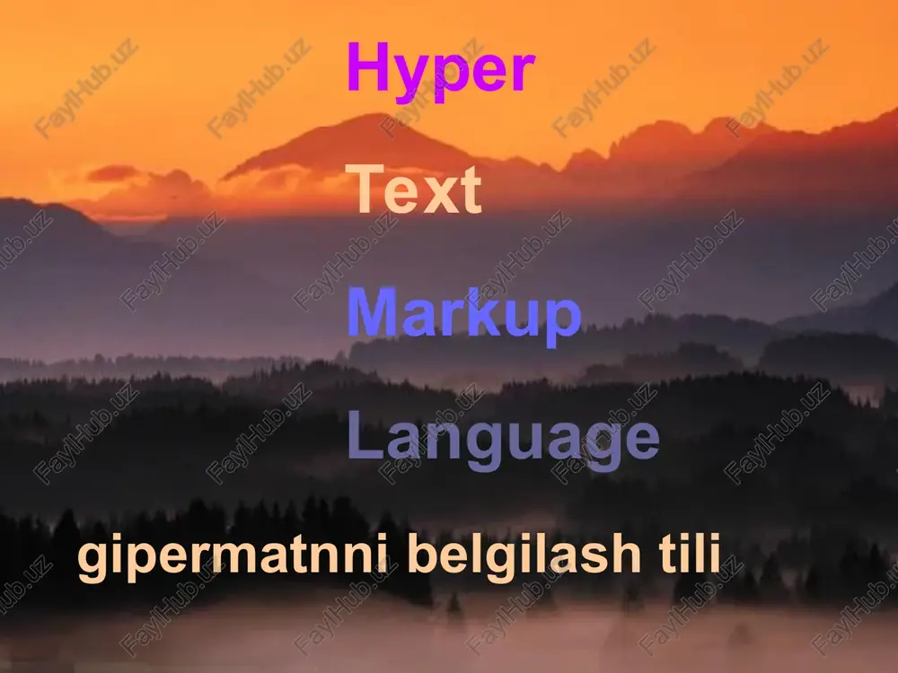 a uni qo'shtirnoqsiz yozish mumkin. bir nechta so'zdan tashkil topgan qiymatlar uchun qo'shtirnoq qo'yish shart ( “ ). barcha atributli tegni bitta satrda joylashtirish maqsadga muvofiqdir. ko'pgina teglar uchun yopiluvchi teg kerak bo'ladi : mening birinchi qadamim salom, bu mening birinchi sahifam. hush kelibsiz! html-hujjat tuzilmasi hujjat sarlavhasi– va teglari … tegi sarlavha teglarini o'z ichiga oladi. … tegida brauzerning sarlavha satrida paydo bo'ladigan so'zlar yoziladi. mening birinchi qadamim 2. sarlavhaning qo'shimcha teglari: - izlovchi serverlarga qo'l keladigan hujjat to'g'risidagi qo'shimcha ma'lumotlarni o'z ichiga oladi; va - hujjatning asosiy va boshqa manzilini aniqlaydi hujjat tanasi– tegi va ichida joylashgan hamma ma'lumot hujjat tanasining tarkibi deb ataladi. tegida 3 guruh parametrlar saqlanishi mumkin: hujjatning tashqi ko'riniini boshqarish. dasturlash atributlari- hodisa, uslub jadvallari bo'yicha. havola atributlari. tegining parametrlari bgcolor – fon rangini o'zgartiradi. rang so'z yoki rgb kod bilan beriladi text – matn rangini belgilaydi. background – fon sifatida rasmli fayldan olingan …
