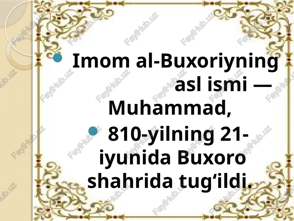 ‘lmoq; kambag‘alligida ham sadaqa berib turmoq. yaxshi muomala qilinmog‘iga kim haqliroq? abu hurayra rivoyat qiladilar: «bir odam rasululloh sollallohu alayhi vasallamning huzurlariga kelib: «yo rasululloh, mening yaxshi muomala qilmog‘imga kim haqliroqdir?» - deb so‘radi. janob rasululloh: «onang!» — deb aytdilar. u: «yana kim?» — deb so‘radi. janob rasululloh: «onang!» — dedilar. u: «yana kim?» - dedi. janob rasululloh: «onang!» — dedilar. u: «yana kim?» — deb so‘radi. janob rasululloh (bu safar): «otang!» — deb javob qildilar». bilimingizni sinang! jadvalning chap tarafidagi so`z va raqamlarni o`ng tomondagi katakka izohlab yozing savollarga javob bering. 1. “muhaddis” so’zining ma’nosi? 2. qur’oni karimdan keyingi eng muhim qo’llanma? 3. “sahih va nosahih” so’zlarining ma’nosi? 4. hadislar kimning so’zlari va kimlardan yig’ilgan? 5. roviylar deb kimlar aytilgan? 6. sahobalar kimlar? 7. tobeinlar kimlar 8. hadislar necha qismdan iborat bo’lgan? 9. sanad nima? 10. matn nima? audio1.wav image2.jpeg image3.jpeg image4.jpeg image5.jpeg image6.jpeg image7.jpeg image8.jpeg image9.jpeg image10.jpeg image11.jpeg …