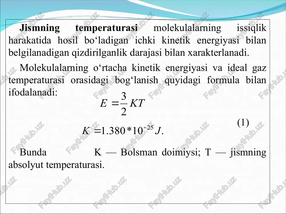 b ataladi. temperatura (harorat)ni o‘lchash asboblari ishlash prinsipiga nisbatan quyidagi guruxlarga bo‘linadi: 1.kengayish termometrlari – temperatura o‘zgarishi bilan suyuqlik yoki qattiq jismlar hajmining yoki chiziqli o‘lchamlarining o‘zgarishiga asoslangan. 2. manometrik termometrlar – moddalar hajmi o‘zgarmas bo‘lganda temperatura o‘zgarishi bilan bosimning o‘zgarishiga asoslangan. 3. termoelektr termometrlar – temperatura ta’sirida o‘zgargan termoeyk o‘zgarishiga asoslangan. 4. qarshilik termometrlari – o‘tkazgich va yarim o‘tkazgichlarning temperaturasi o‘zgarishi hisobiga elektrik qarshiliklarni o‘zgarishiga asoslangan. 5. nurlanish termometrlari: -optik pirometr – issiq jismning ravshanligini o‘lchash asbobi; -rangli pirometr – jismning issiqlikdan nurlanish spektridagi energiyaning taqsimlanishini o‘lchashga asoslangan asbob; -radiatsion pirometrlar – issiq jism nurlanishining quvvatini o‘zgarishiga asoslangan asbob. suyuqlikli termometrlar. suyuqlikli termometrlar –200°s dan +600°s gacha oraliqdagi temperaturani o‘lchash uchun ishlatiladi. shisha termometrlarning ishlatilish usuli sodda, aniqligi yetarli darajada yuqori va arzon bo‘lgani sababli laboratoriya va sanoatda keng tarqalgan. suyuqlikli termometrlarning ishlash prinsipi termometr ichiga o‘rnatilgan termometr suyuqligining hajmi temperatura ko‘tarilishi yoki pasayishida o‘zgarishiga asoslangan. dilatometrning ishlash printsipi …