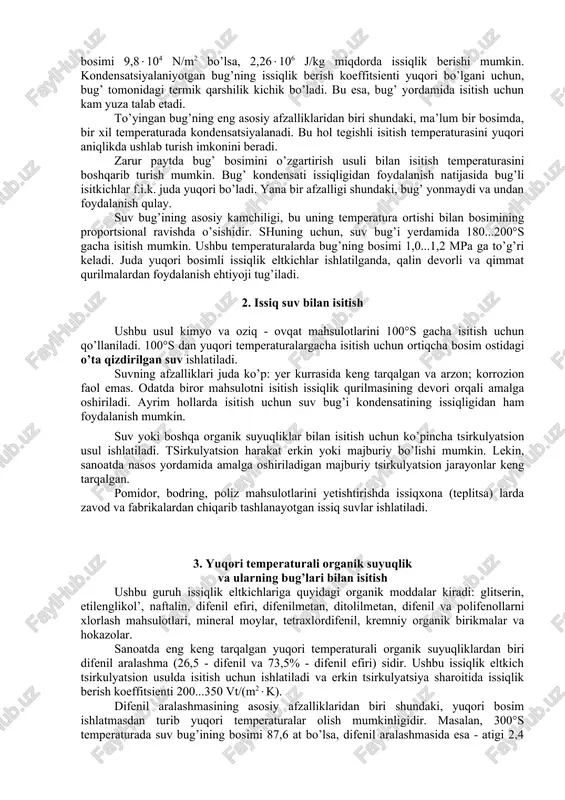 sig’imi va bug’ hosil qilish issiqligi katta bo’lishi kerak; - yenmaydigan, zaxarlimas, issiqqa chidamli bo’lishi zarur; - issiqlik almashinish qurilmasi materialini yemirmasligi va buzmasligi kerak; - arzon va kamyob bo’lmasligi zarur. ko’p holatlarda issiqlik eltkichlar sifatida sanoat yarim mahsulot, mahsulot va chiqindilarning issiqligidan foydalanish iqtisodiy tomondan maqsadga muvofiqdir. 1.bug’ bilan isitish ma’lumki, sanoat miqyosida issiqlik eltkich sifatida to’yingan suv bug’i keng ko’lamda ishlatiladi, chunki u bir qator afzalliklarga ega. masalan, bug’ kondensatsiyalanganda juda katta miqdorda issiqlik ajralib chiqadi. agar, bug’ning bosimi 9,8104 n/m2 bo’lsa, 2,26106 j/kg miqdorda issiqlik berishi mumkin. kondensatsiyalaniyotgan bug’ning issiqlik berish koeffitsienti yuqori bo’lgani uchun, bug’ tomonidagi termik qarshilik kichik bo’ladi. bu esa, bug’ yordamida isitish uchun kam yuza talab etadi. to’yingan bug’ning eng asosiy afzalliklaridan biri shundaki, ma’lum bir bosimda, bir xil temperaturada kondensatsiyalanadi. bu hol tegishli isitish temperaturasini yuqori aniqlikda ushlab turish imkonini beradi. zarur paytda bug’ bosimini o’zgartirish usuli bilan isitish temperaturasini boshqarib turish …