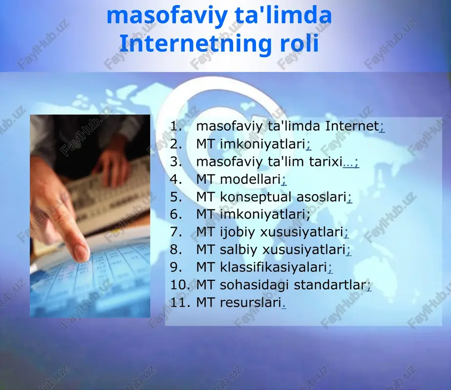 kassetalar qo'shilib borgan. lekin asosiy muammo – aloqa bir tomonlama bo'libqolgan. to'g'ri ayrim hollarda telefon yoki pochta orqali maslahatlar berilgan,ammo bu etarli emas edi. mt rivojlanish bosqichlari… mt ning to'rtta modeli: uchinchi bosqichga 1985 yildan keyin asos solingan, yangi texnologiyalardan foydalanila boshladi, maslan kompyuter foydalanuvchilarni kompakt – disklar, elektron pochta va boshqalar bilan ishlashga majbur qildi. bu modelda pedagog birinchi navbatda stundentlarga kerakli ma'lumotlarni etkazib beraoldi. hozir bu aloqa ikki taraflama amalga oshirilmoqda. 3 model 4 model bu model uchinchi modelga o'xshab ketadi. lekin kompyuter texnologiyasi rivojlanib borishi bu modelni yuksalishiga sabab bo'ldi. ma'lumotlar talabalarga sinxron ravishda uzatilayapti. masofaviy o'qitish modellari masofaviy o'qitishning bu shaklida kunduzgi bo'limda bevosita mashg'ulot o'tkazish shart emas, barcha o'qitish ma'lum masofada tashkil etiladi. lekin ta'lim oluvchilar unga birkitilgan o'qituvchilar bilan doimiy aloqada bo'ladilar. birlamchi model ikkilamchi model ta'lim muassasasida o'qish ham kunduzgi ta'limda, ham qisman kunduzgi va qisman masofaviy ta'limda olib boriladi. har ikkalasida dars …