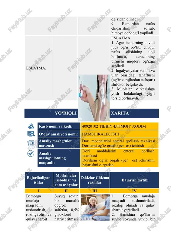 shg‘ulotning maqsadi: dori moddalarini enteral qoʻllash texnikasi dorilarni ogʻiz orqali (per os) ichirishni bajarishni o‘rgatish. bajariladigan ishlar moslamalar asboblar va xom ashyolar eskizlar chizma rasmlar bajarish tartibi i ii iii iv bemorga muolaja maqsadini tushuntirish, roziligi olish va qulay sharoit yaratish. suyuq sovun, bir martalik qogʻoz salfetka, 0,5% gipoxlorid natriy eritmasi. 1. bemorga muolaja maqsadi tushuntiriladi, roziligi olinadi va qulay sharoit yaratiladi. 2. hamshira qoʻllarini suyuq sovunda yuvib, bir martalik qogʻoz salfetkada quritadi. dorining nomi, dozasi, saqlanish muddatini diqqat bilan oʻqish.. dori moddasi (tabletka, kukun, kapsula, pilyula, draje). 3. dorining nomi, dozasi, saqlanish muddati diqqat bilan oʻqiladi. 4. dorini bemorga berishdan oldin quyidagilar aniqlanadi: a) berilayotgan doriga bemorda allergiya yoʻqligi; b) me’daning shilliq qavatini ta’sirlovchi dorilarni berishdan oldin bemorni yaqinda ovqat iste’mol qilganini; boʻshliqli idishda boʻlsa idishning qopqogʻini ochib, doridan kerakligini idish qopqogʻiga solib, bemorga berish. dori moddasi (tabletka, kukun, kapsula, pilyula, draje). 5. dori moddasi shisha yoki boshqa boʻshliqli …