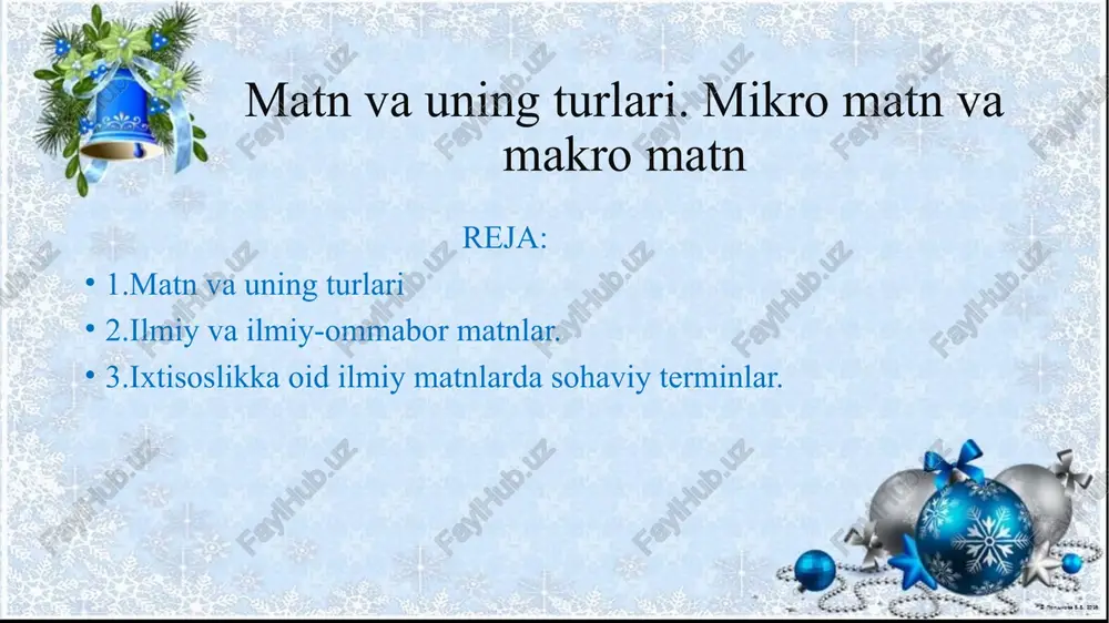 ish xati hamda vaqtli matbuotda chiqadigan e’lon va kichik xabarlar kichik hajmdagi matnlar sanaladi. o’rta hajmdagi matnlarga hikoya, qissa, she’r, doston, poemalar kiradi. katta hajmdagi matnlarga povest, roman, drammatik asarlar, trilogiyalar kiradi.» lekin bu tarzdagi bo’linish ayrim chalkashliklarni yuzaga chiqaradi. shunday dostonlar borki, hajm jihatidan romandan katta. nafaqat hajm jihatidan balki, ichki mazmun, xarakterlar tasviri, ruhiyat talqini jihatidan ham uncha-muncha romandan qolishmaydigan dostonlar bor. masalan, «alpomish», «go’ro’g’li» kabi go’zal dostonlarimiz shakl va mazmun jihatidan yirik hajmli asar hisoblanadi. tasviriy matn bu ma'lum bir ob'ektni, xoh shaxs, hayvon, landshaft, joy, vaziyat yoki narsadan qat'i nazar, batafsil tavsiflashga mo'ljallangan matnlar to'plamiga ishora qiladi. izohli matn ular ma'lumotni, g'oyalarni va tushunchalarni o'quvchiga aniq yoki umumiy yoki ixtisoslashgan nuqtai nazardan taqdim etishga intiladigan matnlardir. misol tariqasida biz ensiklopediyadagi turli xil yozuvlarni nomlashimiz mumkin. izohli matnning kamida ikkita turi mavjud: axborot va ixtisoslashgan. argumentativ matn argumentativ matnlar deganda fikrlar, nazariyalar va tushunchalarni ayrim predmetlarning yondashuvi …