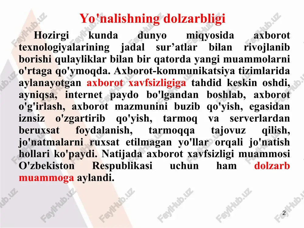 fsizlik psixologik xavfsizlik axborot xavfsizligi * axborot xavfsizligini ta'minlash tamoyillari – ma'lumotlar butunligi – axborotni yo'qotilishiga olib keluvchi buzilishlardan, shuningdek ma'lumotlarni mualliflik huquqi bo'lmagan holda hosil qilish yoki yo'q qilishdan himoya qilish. – axborotning konfedentsialligi – axborot va uning tashuvchisining holatini belgilaydi va unda axborot bilan ruxsatsiz tanishishning yoki uni ruxsatsiz nusxa ko'chirishning oldini olish ta'minlangan bo'ladi. – foydalanish huquqlariga, ya'ni mualliflikka ega barcha foydalanuvchilar axborotdan foydalana olishliklari. * axborot xavfsizligini ta'minlash axborot xavfsizligini ta'minlash etarlicha jiddiy masaladir. ta'kidlash joizki, ayrim faoliyat sohalari, masalan, bank va moliya institutlari, axborot tarmoqlari, davlat boshqaruv tizimlari, mudofaa va maxsus tuzilmalarda ko'riladigan masalalarning muhimligi va xarakteriga ko'ra, ularning axborot tizimlari faoliyati ishonchliligiga nisbatan yuqori talablar va xavfsizlik bo'yicha maxsus choralar ko'rilishini talab etadi. * axborotni muhofaza qilish axborotga bo'lgan salbiy ta'sir manbalari axborot xavfsizligiga tahdidlarni tashkil etadi. axborotni muhofaza qilish quyidagilarga yo'naltirilgan: – axborot xavfsizligini ta'minlash bo'yicha tahdidlarning oldini olish; – tizimli tahlil va …