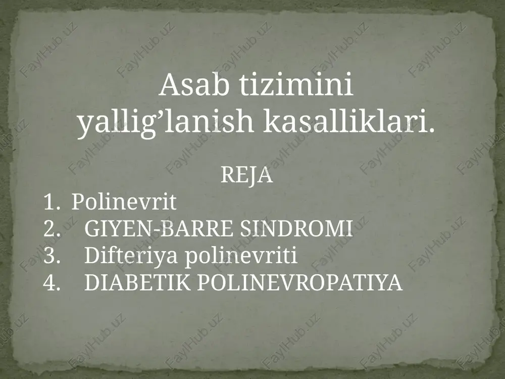 imptomlari polinevropatiya uchun nevrologik simptomlarning simmetrik tarzda namoyon bo‘lishi va oyoq-qo‘llarning distal qismidan boshlanishi xos. etiologiyasi qanday bo‘lishidan qat’i nazar, barcha polinevropatiyalar quyidagi simptomlar bilan boshlanadi. 1. sezgi buzilishlari. 2. harakat buzilishlari. 3. vegetativ-trofik buzilishlar sezgi buzilishlari. aksariyat polinevropatiyalar (ayniqsa, metabolik va toksik) sezgi buzilishlari bilan boshlanadi. dastlab paresteziyalar bilan namoyon bo‘la boshlaydi. paresteziya oyoq-qo‘llarning distalqismidan boshlanadi. qo‘l va oyoq panjalarida, barmoq uchlarida uvishish,chumoli yurgandek bo‘lish, achishish kabi yoqimsiz sezgilarpaydo bo‘ladi. paresteziyalar, ayniqsa, oyoq panjasida yaqqol ko‘rinadi,chunki aksariyat polinevropatiyalar ilk bor oyoqlardan boshlanadi.polinevropatiyalar uchun og‘riqlar xos emas. o‘tkir boshlangan polinevropatiyalarda, masalan, giyen-barre sindromida dastlabki kunlari og‘riqlar kuzatilishi mumkin. obyektiv tekshiruvlarda sezgi buzilishlari «paypoq va qo‘lqop» tipida paydo bo‘ladi. dastlab yuzaki sezgi buziladi va u simmetrik giperesteziya yoki gipesteziyalar bilan namoyon bo‘ladi. ba’zida avval giperesteziya paydo bo‘lib, so‘ngra gipesteziyaga o‘tadi. gohida esa bi- rato‘la gipesteziya rivojlanadi. gipesteziyalar simmetrik tarzda namoyon bo‘lsa-da, ular bir tomonda kuchliroq, ikkinchi tomonda sustroq ifodalangan bo‘lishi mumkin. …