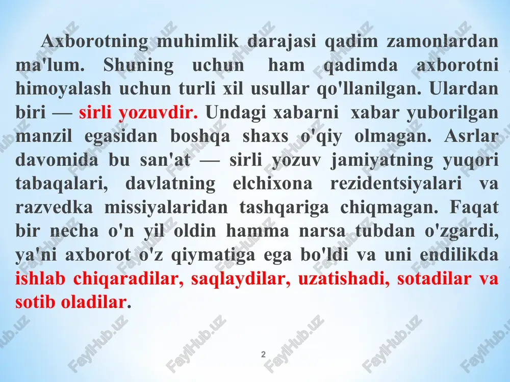 ltakka zich bir qavat o'ralgan ensiz papirus lentasiga dastlabki matn harflari silindr o'qi bo'ylab yozilib shifrmatn shakllantirilgan. lenta g'altakdan yechib olinib qabul qiluvchiga jo'natilgan. qabul qiluvchi shifrmatnli lentani shifrlash g'altagi bilan bir xil g'altakka o'rab dastlabki matnni o'qigan. g'altak o'lchamlari maxfiy shifrlash kaliti vazifasini o'tagan. * formal kriptografiya (xv asr oxiri – xx asr boshlari) bosqichi qo'lda kriptotahlillashga bardoshli va formallashtirilgan shifrlar paydo bo'lishi bilan xarakterlanadi. * kriptografiya tarixining navbatdagi bosqichi ilmiy kriptografiya davri xx asrning 30-60 yillarini o'z ichiga oladi. bu davrning farqli tomoni kriptobardoshliligi jiddiy matematik asoslangan kriptotizimlarning yuzaga kelishidir. xx asrning 30 yillari boshlarida kriptologiyaning ilmiy asosi bo'lgan matema-tikaning bo'limlari batamom shakllanib bo'ldi. bularga ehtimollar nazariyasi va matematik statistika, umumiy algebra, sonlar nazariyasi kiradi. ular bilan birgalikda algoritmlar nazariyasi, axborot nazariyasi va kibernetika faol rivojlana boshladi. * * morze alifbosidan foydalanib shifrlash * 4. kompyuter kriptografiyasi davri kompyuter kriptografiyasi davri xx asrning 70 yillarida avvallari qo'lda bajarib …