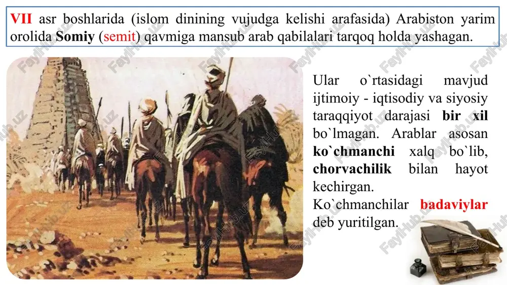 an soliq hiroj chiqim, harajat hosilni 3/1 qismi ushr o`ndan bir natur holatda jizya tozalanish mulkni 40/1 qismi zakot daromadni 10/1 qismi jon solig`i aholi orasida islom dinigacha ko`p xudolik - butparastlik urf bo`lgan. jumladan, ka'bada 360 ta but bo`lib, ularning eng yiriklari hubal va lut edi. mamlakatda ko`p xudolikning mavjud bo`lishi oqibatida o`zaro qabilaviy urushlarni yuzaga keltirgan. islomning paydo bo`lishi vi asrgacha bo`lgan vaqt arablarda- johiliyat davri sifatida tilga olinadi. islom arabcha — bo`ysunish, itoat etish, o`zini alloh irodasiga topshirish ma'nolarini bildiradi. islom diniga e'tiqod qiluvchilar arabcha «muslim» («sadoqatli», ko`plik shakli «muslimun») deb ataladi. (632 – 634 yillar) hazrati umar (634 – 644 yillar) hazrati usmon (644 – 656 yillar) hazrati ali (656-661 y) muhammad alayhissalom nasroniy yil hisobida 632 yil (hijriy 10 yili) 25 mayda o`z uylarida vafot etadi. payg`ambar vafotidan so`ng u kishining ishonchli noiblari (arabcha xalifalar) davlatni boshqarganlar. shu tariqa tarixda «arab xalifaligi» (632 – 1258) …