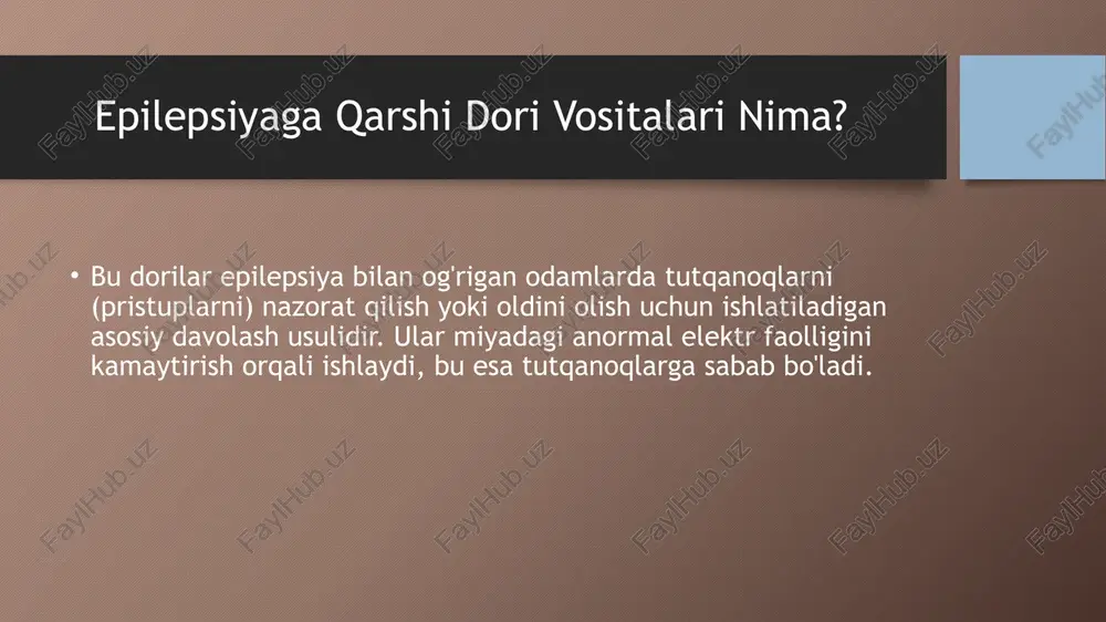evetiratsetam (levetiracetamum) * topiramat (topiramatum) * gabapentin (gabapentinum) - ko'pincha qo'shimcha terapiya sifatida yoki boshqa holatlarda ham ishlatiladi * pregabalin (pregabalinum) - ko'pincha qo'shimcha terapiya sifatida yoki boshqa holatlarda ham ishlatiladi * zonisamid (zonisamidum) * okskarbazepin (oxcarbazepinum) * lakosamid (lacosamidum) * brivaratsetam (brivaracetamum) muhim jihatlar va ehtiyot choralar: nojo'ya ta'sirlar: har qanday dori kabi, antikonvulsantlar ham nojo'ya ta'sirlarga ega bo'lishi mumkin. eng ko'p uchraydiganlari: uyquchanlik, bosh aylanishi, charchoq, ko'ngil aynishi, qusish, ko'rishning xiralashishi, muvozanatni yo'qotish, toshmalar, vazn o'zgarishi, kayfiyat o'zgarishi. agar nojo'ya ta'sirlar bezovta qilsa yoki jiddiy bo'lsa, darhol shifokorga murojaat qilish kerak. qat'iy rioya qilish: dorilarni shifokor ko'rsatmasiga binoan, belgilangan vaqtda va dozada qabul qilish juda muhim. dozani o'tkazib yuborish yoki to'satdan to'xtatish tutqanoqlarning qaytalanishiga yoki hatto og'irlashishiga (epileptik status) olib kelishi mumkin. boshqa dorilar bilan o'zaro ta'siri: antikonvulsantlar boshqa ko'plab dorilar (shu jumladan, retseptsiz sotiladigan dorilar va o'simlik preparatlari) bilan o'zaro ta'sir qilishi mumkin. shuning uchun har doim …