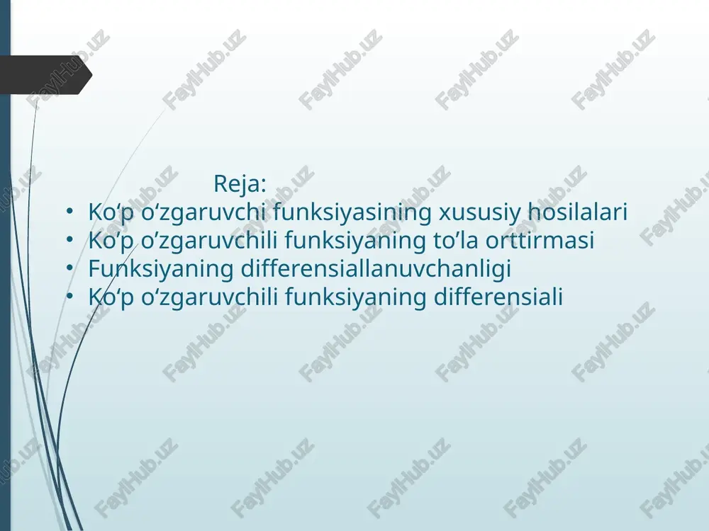 ida aniqlangan bo‘lsin. 2-ta’rif. agar funksiyaning to‘la orttirmasini nuqtada (2) ko‘rinishda ifoda etish mumkin bo’lsa, u holda funksiya nuqtada differensiallanuvchi deyiladi. bu yerda sonlar orttirmalarga bog‘liq emas misol 4. funksiya nuqtada differensiallanuvchi, chunki ya‘ni bu yerda, 3-ta’rif. agar to’plamda aniqlangan funksiyaning to‘la orttirmasini nuqtada (3) ko‘rinishda ifoda etish mumkin bo’lsa, u holda funksiya to’plamda differensiallanuvchi deyiladi. 4-ta’rif. funksiya nuqtada differensiallanuvchi bo‘lsin. nuqtada funksiya orttirmasining bosh chiziqli qismi funksiyaning nuqtadagi to‘la differensiali deyiladi va kabi belgilanadi. shunday qilib, bu yerda ( ) lar cheksiz kichik miqdor bo’lgani uchun deb olish mumkin. 19 u holda, ko‘rinishda bo‘ladi. misol 6. funksiyaning nuqtadagi differensialini toping. ko‘rinishda bo‘ladi. bundan bo‘lgani uchun differensialning asosiy xossasi keltiramiz. agar funksiya nuqtada differensiallanuvchi bo‘lsa, u holda cheksiz kichik miqdorlar uchun munosabat bajariladi, ya‘ni bundan, taqribiy hisoblash formulasi kelib chiqadi. urinma tenglamasi normal tenglamasi misollar differensial ta’rifi misol differensialning geometrik ma’nosi differensialning tatbiqi e’tiboriz uchun katta raxmat!!! image4.emf image5.png image6.emf …