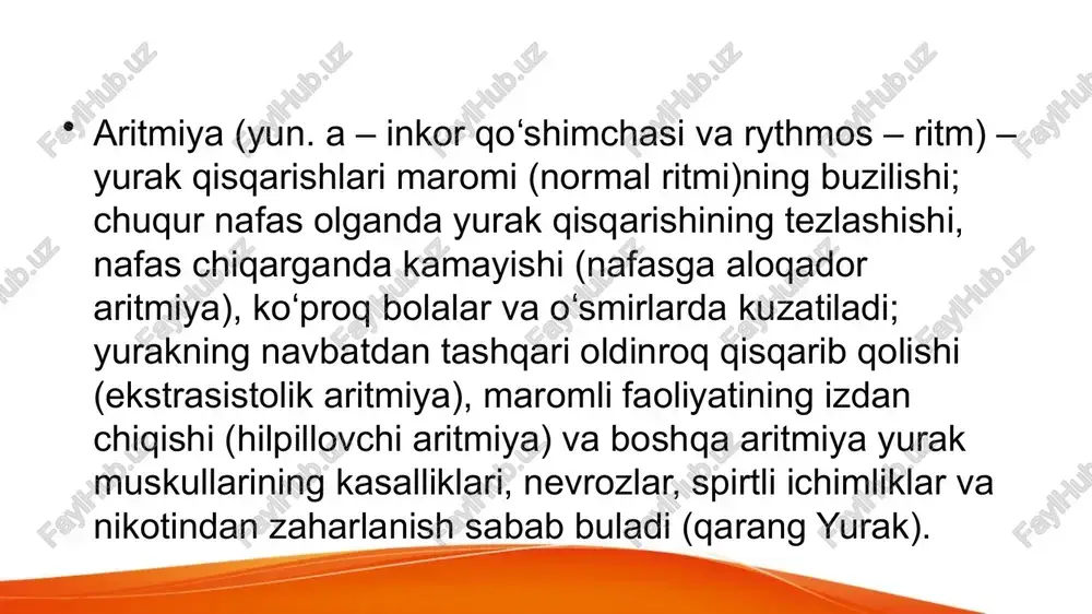 hilpillovchi aritmiyasi 1. ekgda noregulyar, bir-biridan shakli va amplitudasi boʻyicha farq qiluvchi, koʻp – minutiga 200-500 tagacha – toʻlqinlar. yurak avtomatizmi buzilishi bilan kechadigan aritmiyalar ushbu aritmiyalar 2 guruhga boʻlinadi. birinchi guruh aritmiyalarni nomotop ritmli aritmiyalar deyiladi, ushbu aritmiyalarda qoʻzgʻalishlar sinus tugunida hosil boʻladi, bularga: sinusli taxikardiya, sinusli brakdikardiya, sinusli aritmiyalar kiradi. ikkinchi guruhga kiruvchi aritmiyalarni geterotop ritmli aritmiyalar, yaʼni sinus boʻlmacha tugunlarni boʻshashi sindromi deyiladi. ushbu aritmiyalarda impulslar sinus tugunda emas, balki oʻtkazuvchi tizimning u yoki bu qismida yuzaga keladi, atrioventrikulyar ritm, yurak ritmini taʼminlovchi qisqarishlar migratsiyasi, boʻlmacha qisqarishlarining toʻxtashi, idioventrikulyar ritm, interferlovchi dissotsiatsiyalar ushbu aritmiyalarga misol boʻladi. atrioventrikulyar ritm yurak ritmini boshqaruvchisi ushbu aritmiyada, sinus tuguni boʻlmay, balki atrioventrikulyar tugun boʻlib qoladi, lekin ushbu aritmiya rivojlanishida impuls tugunning qaysi qismidan hosil boʻlayotganligi ham katta ahamiyatga ega. impulslar yuqori boʻlmacha sohasida, oʻrta boʻlmacha va qorincha chegarasida, quyi qorincha soxalarida hosil boʻladi. ushbu aritmiya, yurak faoliyatiga sezilarli salbiy taʼsir koʻrsatmaydi, …