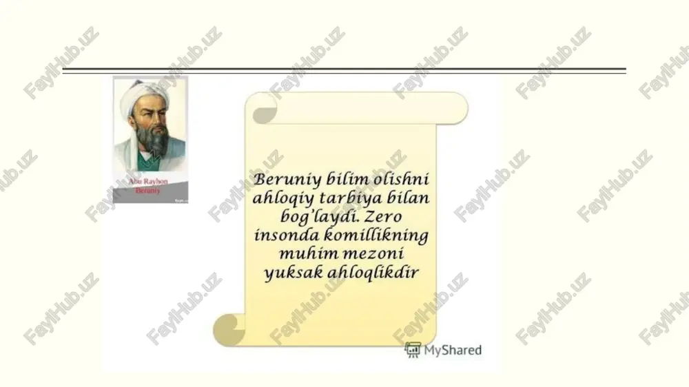 da takrorlashni ustun qo‘yadi, shu bilan birga, bilim berishxilma-xil yoki bilan, eng muhimi, o‘quvchi talabani toliqtirmasdan,charchatmasdan turli vositalar bilan o‘quvchi xotirasini kuchaytirish, tafakkuriniboyitish va bilishni chuqurlata borish orqali amalga oshirilishi zarurligini uqtiradi.u haqiqiy maqsadga erishish uchun yo’lini to‘sib turgan hamma noaniqliklar va image1.png image2.jpeg image3.jpeg image4.png image5.jpeg image6.jpeg image7.jpg image8.jpg image9.jpeg image10.png sw abu rayhon beruniy (973- 1048) xorazmning kat shahrida tug‘ilib, urganchda ta’lim olgan. see spec se unm-@danra kglurah xuccccaccu an-bepyhua yui6y coxanapaa acapnap 63rah: acmpppooohommuuua reorpagmua reonorua tapux mamemamuka mexanhukka munepanorusn mapmmakonorus @munonorua — man6a: ouvk mabnymmotnap abu rayhon beruniyning ilmiy-pedagogik qarashlari beruniy insonni tabiatning eng oliy kamoloti deb qaraydi. u insonning ma’naviy qiyofasidagi barcha axlogiy xislatlarni yaxshilik va yomonlik kabi ikki turga bo’ladi. beruniy ta’limotiga ko'ra inson kamolotida uch narsa muxim rol o’ynaydi: 1. irsiyat. 2. muhit. 3. tarbiya. beruniyning ilmiy bilimlarni egallash yo" lari, usullari haqidagi fikrlari hozirgi davr uchun ham dolzarbdir. u o’quvchiga bilim berishda: …