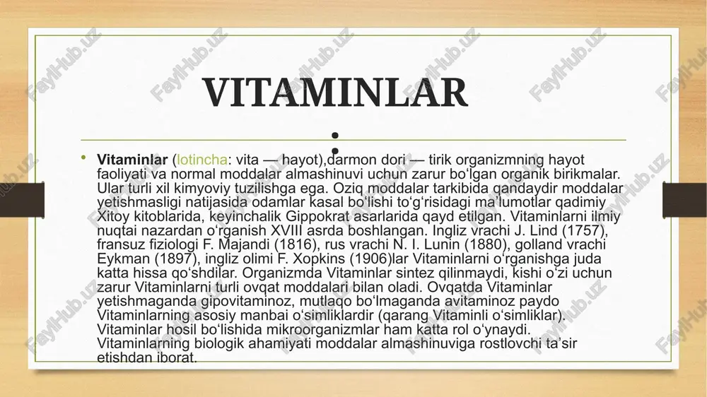 r va kist fibrozisi (nafas olish, ovqat hazm qilish va ko'payish bilan bog'liq muammolarni keltirib chiqaradigan tug'ma kasallik) va malabsorbtsiya (oziq-ovqatni so'rish muammolari) bilan og'rigan odamlardir. a vitamini kseroftalmiya (kam yorug'likda ko'rmaslik) va tungi ko'rlikning oldini olish va davolash uchun ishlatiladi. a vitamini antioksidant deb ataladigan dorilar sinfiga kiradi. u ko'rish, ko'payish, hujayra o'sishi va immunitet tizimini qo'llab-quvvatlash uchun tanaga kerak. bu sizning hujayralaringizni erkin radikallardan himoya qilish va hujayra o'sishi va faoliyatini qo'llab-quvvatlash uchun ishlaydi. oldindan tayyorlangan a vitamini: jigar, baliq, tuxum va sut mahsulotlari kabi hayvonot mahsulotlarida mavjud. provitamin a karotinoidlari: sabzi, ismaloq, karam, shirin kartoshka va o'rik kabi o'simlikka asoslangan ovqatlarda mavjud. diyetik qo'shimchalar: a vitamini qo'shimchalar shaklida ham mavjud, jumladan retinol va beta-karotin. tavsiya etilgan kunlik miqdorlar: tavsiya etilgan kunlik a vitamini miqdori yosh va jinsga qarab o'zgaradi, erkaklar uchun odatda 900 mkg va ayollar uchun 700 mkg kerak. o'rtacha kunlik tavsiya etilgan miqdorlar hayotning turli …