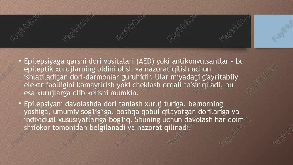 lutamat retseptorlarini blokirovka qilish: glutamat miyadagi asosiy qo'zg'atuvchi neyromediator hisoblanadi. ba'zi dorilar uning retseptorlarini bloklab, haddan tashqari qo'zg'alishni kamaytiradi. masalan: * perampanel (perampanel) * felbamat (felbamate) (jiddiy nojo'ya ta'sirlari tufayli kam qo'llaniladi) * topiramat (topiramate) (bir nechta mexanizmlar orqali ta'sir qiladi) * boshqa yoki aralash ta'sir mexanizmlari: ba'zi yangi dorilar o'ziga xos yoki bir nechta mexanizmlar orqali ta'sir qiladi. masalan: * levetiratsetam (levetiracetam) - o'ziga xos ta'sir mexanizmiga ega. * zonisamid (zonisamide) * brivaratsetam (brivaracetam) epilepsiyaga qarshi dori vositalarini qo'llashda muhim jihatlar: * shifokor nazorati: davolash har doim malakali nevrolog yoki epileptolog tomonidan tayinlanishi va nazorat qilinishi kerak. o'z-o'zini davolash qat'iyan man etiladi. * to'g'ri dozani tanlash: shifokor dorining minimal samarali dozasini topish uchun dozani asta-sekin oshirib borishi mumkin. * muntazam qabul qilish: dorilarni belgilangan vaqtda va dozada muntazam qabul qilish juda muhim. qabul qilishni o'tkazib yuborish xurujlarning qaytalanishiga olib kelishi mumkin. * to'satdan to'xtatmaslik: shifokor ruxsatisiz dorini qabul qilishni …