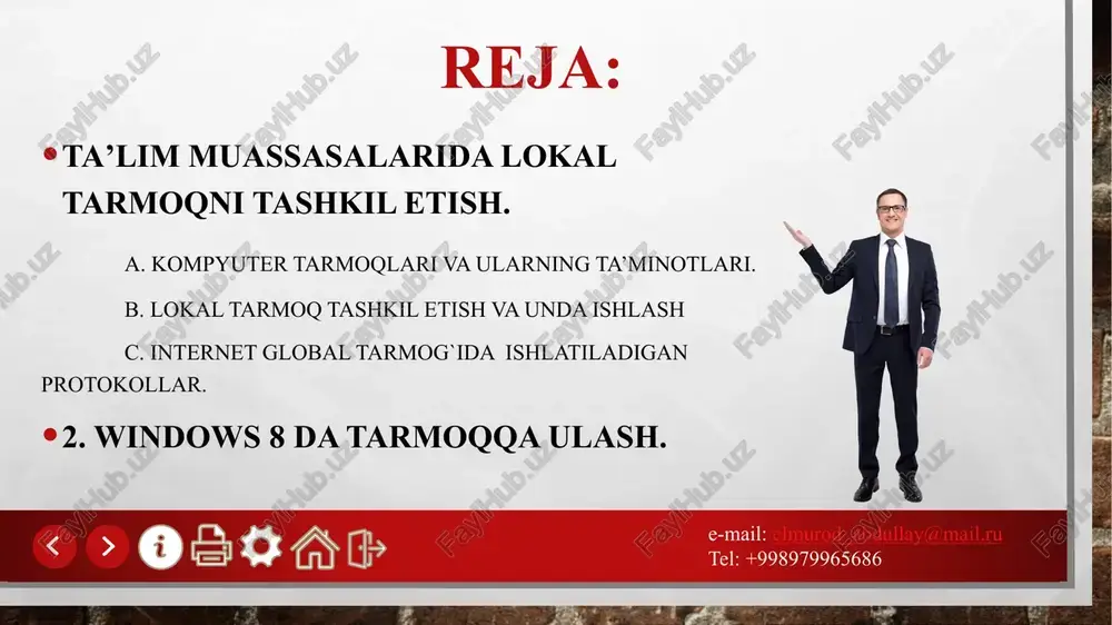 lari saqlanadi. e-mail: elmurod_abdullay@mail.ru tel: +998979965686 konsentrator (hub) - tarmoqqa ulanishga qodir qurilmalarni birlashtirib, mahalliy tarmoq hosil qilishda qo`llaniladigan eng oddiy qurilma. e-mail: elmurod_abdullay@mail.ru tel: +998979965686 axborotni uzatish kabellari -tarmoqda axborotni bir kompyuterdan boshqasiga uzatish uchun xizmat qiladi. e-mail: elmurod_abdullay@mail.ru tel: +998979965686 e-mail: elmurod_abdullay@mail.ru tel: +998979965686 e-mail: elmurod_abdullay@mail.ru tel: +998979965686 e-mail: elmurod_abdullay@mail.ru tel: +998979965686 e-mail: elmurod_abdullay@mail.ru tel: +998979965686 modem -axborotni kompyuterdan uzatish kabeliga (yoki telefon aloqa tarmog`iga) o`tkazuvchi maxsus elektron qurilma. modem “modulyator” va “demodulyator” so`zlari birikmasidan kelib chiqqan bo`lib, uning yordamida axborot uzatuvchi kompyuterda raqamli ko`rinishdan anolog ko`rinishiga aylantiriladi, shuningdek qabul qiluvchi kompyuterda anolog ko`rinishdan raqamli ko`rinishga aylantiriladi. e-mail: elmurod_abdullay@mail.ru tel: +998979965686 ishchi stansiyalar - bu foydalanuvchi kompyuterlaridir. e-mail: elmurod_abdullay@mail.ru tel: +998979965686 ir - adreslash. tcp/ip tarmog`iga ulangan har bir kompyuter o`zining ip adresiga ega. u 32 razryadli ikkilik son bilan ifodalanadi. masalan: 01001011001001001011010010100101. bunday adresni yodda saqlash qiyin. shu bois u 8 bitdan iborat 4 blokka bo`linib o`nli …