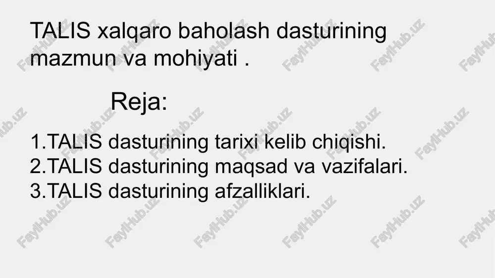ng fikrlarini organish va talim sifatini oshirishga qaratilgan xalqaro tadqiqot. talis 2008 yildan buyon iqtisodiy hamkorlik va taraqqiyot tashkiloti (oecd) tomonidan muntazam ravishda otkazilib kelinadi. talis tahlilining asosiy yo'nalishlari: 1. oqituvchilarning malakasi va tajribasi: talis tadqiqoti oqituvchilarning professional rivojlanishi, ularga qoyiladigan talablar, malaka oshirish kurslari va kasbiy tayyorgarlik jarayonlarini organadi. bu oqituvchilarning talim jarayonidagi roli va ularning oz ustida ishlash konikmalarini qanday rivojlantirayotganini aniqlashga yordam beradi. 2. oqitish va organish amaliyoti: tadqiqot oqituvchilarning dars otish metodlari, innovatsion usullarni qollashi, oquvchilarning organish jarayonini qanday tashkil qilishi, shu jumladan, darsdan tashqari faoliyat va baholash uslublarini organadi. bu yonalishda oqitish sifati va oquvchilarning ozlashtirishi ortasidagi bogliqlik tahlil qilinadi. 3. maktab muhitini baholash: talis doirasida maktab muhitining oquvchilar va oqituvchilar uchun qanchalik qulay yoki mosligi organiladi. bu maktab ichidagi boshqaruv usullari, intizomiy qoidalar, sinflardagi oquvchilar soni va oqituvchilarning ish sharoitlarini baholashni oz ichiga oladi. 4. maktab rahbariyati va boshqaruvi: talis tadqiqoti maktab rahbariyatining ta'lim …