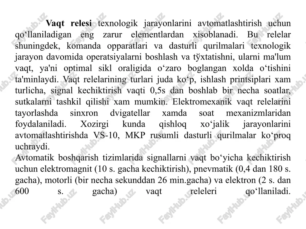 i. rele o‘zgaruvchan qarshiligi dastagidagi strelka shkalada vaqti sekundlarda ko‘rsatiladi. boshlangich xolatda tranzistor vt yopiq, chunki uni bazasida musbat potentsial mavjud. datchikdan signal berilishi bilanoq uk1 tutashuvchi boshqarish kontakti ulanadi, uk2 ajraluvchi kongtakt esa ochiladi. zanjir bo‘yicha kondeksator zaryadlanishi amalga oshadi: tok manbai plyusi – s – r2 - uk1 – manbaa minusi. kondensatorni zaryadlanishi davomida vt tranzistor bazasidagi manfiy poteentsial xam oshib boradi. uni ma'lum qiymatida tranzistor ochiladi, emitter – kollektor orqali tok o‘tib r rele ulanadi, natijada s kondensator darxol razryadlanadi va vt tranzistor yopiladi. shu tariqa r rele uziladi. qutblangan releda neytral reledan farqli o‘laroq yakorning xarakatlanish yo‘nalishi boshqaruv cho‘lg‘amidagi tok yo‘nalishiga, ya`ni ta`minot manbai qutblarining ishorasiga bog‘lik bo‘ladi. qutblangan relelar katta sezgirlik va tezlik bilan ishlash qobiliyatiga ega. o‘zgaruvchan elektr toki relelari o‘zgarmas tok neytral elektr magnit relelaridan konstruktiv jixatdan shu bilan farq qiladiki, ularda uyurma toklar ta`sirida qizib ketishlarni kamaytirish maqsadida o‘zaklar yaxlit qilib yasalmaydi, …