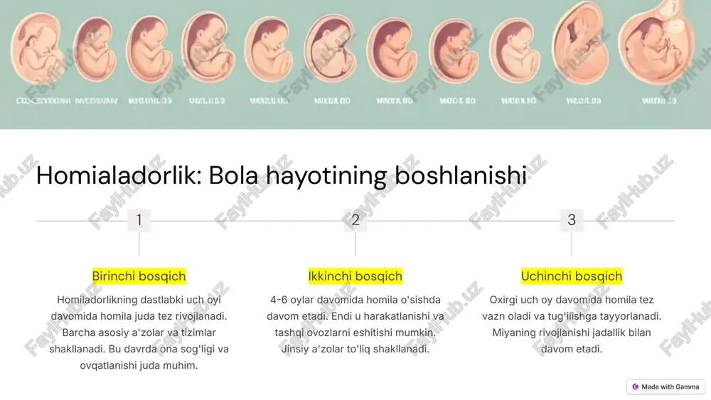 oziqlantirish va ko'z aloqasi bu jarayonda muhim rol o'ynaydi. moslashish davri chaqaloq tashqi dunyoga moslashishi uchun bir necha hafta kerak bo'ladi. bu davrda ota-onalar sabr-toqatli bo'lishlari va chaqaloqning ehtiyojlariga e'tiborli bo'lishlari kerak. 4 chaqaloqlik davrining o'ziga xos xususiyatlari yosh jismoniy rivojlanish kognitiv rivojlanish ijtimoiy-hissiy rivojlanish 0-1 oy reflekslar faol, boshini qisqa vaqt ko'tara oladi yaqin masofaga fokuslanadi, tanish ovozlarga e'tibor beradi yig'i orqali muloqot qiladi 1-3 oy boshini ko'tara oladi, qo'llarini ochib yopadi narsalarni kuzatadi, jilmayishni boshlaydi ijtimoiy jilmayish paydo bo'ladi 3-6 oy o'giriladi, o'tirish uchun harakat qiladi narsalarni ushlaydi, tovushlar chiqaradi kuladilar, tanish odamlarni taniy boshlaydi 5 chaqaloq miyasining rivojlanishi neyronlar o'sishi chaqaloqlik davrida miyada juda ko'p neyronlar va ular orasidagi aloqalar shakllanadi. bu jarayon atrof-muhit ta'sirida faollashadi. sezgi organlari rivojlanishi ko'rish, eshitish, hid bilish va boshqa sezgi organlari tez rivojlanadi, bu esa atrof-muhitni o'rganishga yordam beradi. til va muloqot til markazlari faollashadi, chaqaloq atrofdagilar bilan muloqot qilishni o'rganadi. …