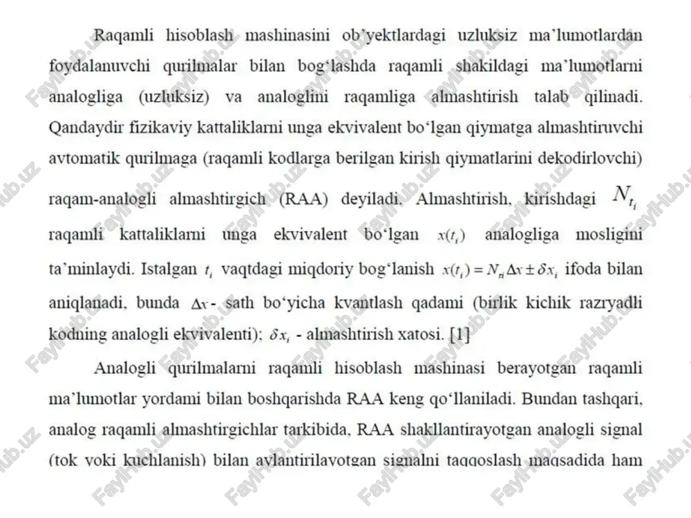h va chiqish kattaliklarini o‘zgarish sohasi (dinamik soha), almashtirgich kirish yoki chiqish kattaliklarini maksimal o‘zgarishining minimal o‘zgarishlarga nisbati ad = x... / xis = noo / neg dilan aniqlanadi. chiziqli almashtirishda, kirish va chiqish kattaliklari bir xil dinamik sohaga ega bo ‘lib, raqamli kod razryadlar soni yoki desibellarda belgilanadi. minimal qiymati 0 ga teng bo‘lgan holda, o‘zgarish sohasi ad= non |8n ifoda bilan aniqlanadi, bunda & va av - ruxsat etilgan almashtirish xatosi. vaqt ko‘rsatkichlari almashtirgichning tezkorligini anglatadi. vaqt ko‘rsatkichlari uchga bo‘linadi: ar- kvantlash qadami (davr), r, - almashtirish vaqti (tiklanish vaqti), ya’ni kirish — chiqish kechikishi, +,- almashtirish siklining davomiyligi. kvantlash qadami ar (davri)- ketma-ket almashtirish vaqt oralig‘i, kvantlash davriga teskari bo‘lgan i f kattalikka esa kvantlash chastotasi deyiladi, chiqish kuchlanishi yoki tokini 1,- almashtirish vaqti - raa kirish kodining o‘zgarish vaqti bilan chigish analogli signaling o‘rnatilishiga qadar o‘tgan vaqt oralig‘i (1.1 - rasm) bilan aniqlanadi. almashtirish 7, - …