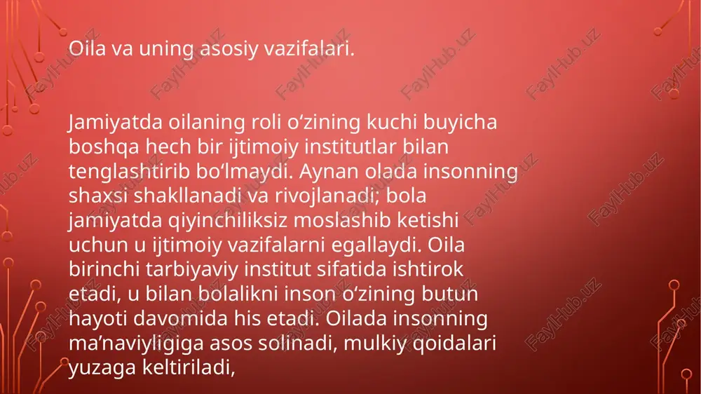 ar va uy-ishlarini bajaradilar, bir birlariga nisbatan o‘zaro majburiyatlar bilan birlashganlar. ikkinchidan, oila bu ijtimoiy institut bo‘lib unda odamlar o‘rtasida o‘zaro munosabatlar barqaror mustahkam shaklda bo‘ladi. ana shu o‘zaro munosabatlar doirasida odamlarning kundalik hayotining asosiy qismi amalga oshiriladi: intim munosabatlari, farzand ko‘rish va bolalarning boshlang‘ich ijtimoiylashishi, tarbiyalash, tibbiy xizmat ko‘rsatish va boshqalar. oila nikoh munosabatlari insoniyatga kadim davrlardan ma’lum. neolit davridayok (15 20 ming yil ilgari) ongli nikoh paydo bo‘lganda, odamlar jamoasi paydo bo‘lganidayok ularning birgalikda xo‘jalik yuritishdagi va birgalikdagi bola tarbyalashdagi vazifalari tabiiy jinsiyligi, yoshiga qarab (erkak, ayol) ajratishiga asoslangan. tarixda qayd etilgan oilaviy munosabatlarda farqlar bo‘lishiga qaramay hamma oilalarni birlashtiradigan qandaydir umumiylik bor. bu oilaviy tarzda hayot kechirishdir, bunda insoniyat yashashning yagona imkoniyatini topgan. olimlar oilaning turli vazifalarini ko‘rsatadilar. biz birinchi navbatda bolani tarbiyalash va rivojlantirishga taaluqlilarigagina to‘xtalib o‘tamiz. oila shaxs tarbiyasida boshqa ijtimoiy institutlar bilan taqqoslaganda birinchi darajali rolni bajaradi. chunki, aynan oilada individual qobiliyatlar, shaxsiy, kasbiy …
