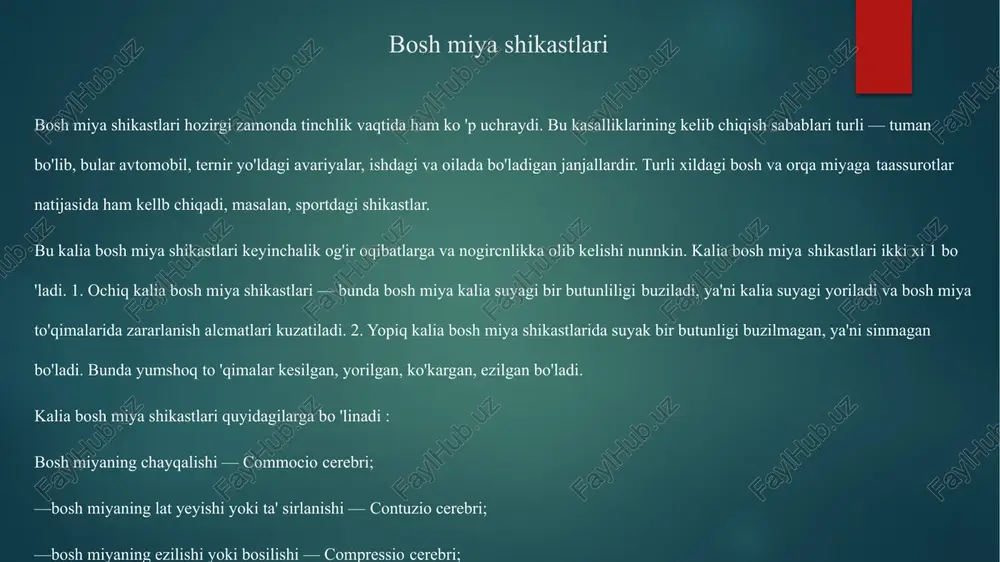 necha daqiqagacha davcm etadi. qusish bir yoki bir necha marta takrorlanib, shu vaqtning o 'zida ko 'ngil aynish bilan xarakterlanadi. retrograd amneziya — jarohatdan oldin bo'lib o'tgan voqealarni bemorlar eslay olmaydi. bemor bir necha kun o'z ismi familyasini, manzilini, oila a'zolarini hamda birga ishlaydiganlarini eslay olmaydi. bosh miya shikastlari mana shu uchta belgi yosh bolalarda bir vaqtda uchramaydi. ko 'proq ko'ngil aynishi, bosh og'rishi, quloqda shovqin bo'lishi, bosh aylanishi, ko 'p terlashi va teri rangining oqarish belgilari bilan davcm etadi. bemor o'ziga kelgandan so'ng ko'proq bosh og'rishi, bosh aylanishi, umumiy holsizlik, ko 'p terlash hamda uyqu buzilishlaridan shikoyat qiladi. asab sohasi ko'rilganda pay reflekslarining asimmetriyasi, nistagm, yengil kernig va ensa mushagi tarangligi belgilari kuzatiladi. kasallik 3 kundan 7 kungacha davcm etadi. bundan tashqari vegetativ o'zgarishlar kuzatiladi. bularga qon bosimining o'zgarlb turishi, dastlab bradikardiya, keyin taxikaridiya bilan almashib turadi, tana haroratining 37,2 — 37,8°c gacha ko'tarilishi, kaftning ko 'p terlashi va …