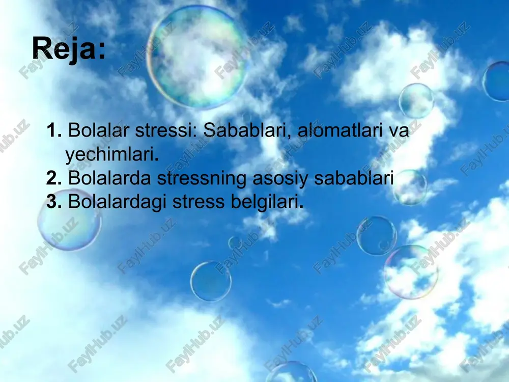 uyquga yotish va ovqatlanish bola uchun muhimdir. haddan tashqari bandlik (ko‘p to‘garaklar, qo‘shimcha darslar) bolaning charchashiga olib kelishi mumkin 3. dam olish va o‘yin uchun vaqt ajrating o‘yinlar bolalar uchun tabiiy stressdan xalos bo‘lish usulidir. sport, rasm chizish, qo‘l mehnati, sayr qilish – bular stressni kamaytiradi. 💡 4. sog‘lom turmush tarziga rioya qiling yetarli uyqu (kichik yoshdagi bolalar uchun 10-12 soat, katta yoshdagilar uchun 8-10 soat). sog‘lom ovqatlanish: vitaminlarga boy mahsulotlar stressni kamaytirishga yordam beradi. jismoniy faollik: yugurish, suzish, yoga yoki raqs bola kayfiyatini yaxshilaydi. 💡 5. bosim va haddan tashqari talablarni kamaytiring boladan juda ko‘p narsa kutish uni ruhiy bosim ostida qoldirishi mumkin. muvaffaqiyatsizliklardan qo‘rqmaslikni o‘rgating. kichik maktab yoshi psixologik hususiyatlari 6. nafas olish mashqlari va meditatsiya bolalar uchun oddiy nafas olish texnikalarini o‘rgatish (chuqur nafas olib, asta chiqarish) ularga xotirjam bo‘lishga yordam beradi. 💡 7. stress sababini aniqlash va hal qilishga harakat qiling agar maktab yoki oilaviy muammolar …