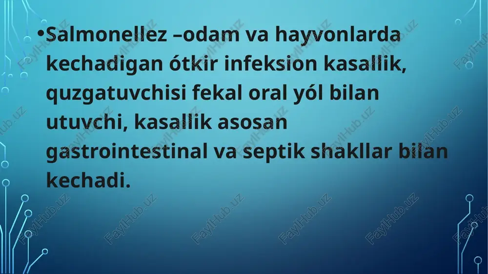 botulizm ótkir toksikoinfeksiya kasalligi, proteinoviy neyrotoksin clostridium botulinum va quzgatuvchinichi saqlovchi oziq ovqat maxsulotni istemol qilganda. organizmni intoksikatsiyasi bilan harakterlanadi, asosan markaziy va vegetativ nerv sistemani jaroxatlanishi bilan kechadi. etiologiyasi clostridium avlodi kiradi, spora xosil kiladi. - botullinum oltita turlarga ega - a, b, c, d, e va f, ular toksinni antigen xususiyatlariga qarab bir biridan farqlanadi. epidemiologiyasi yuqish mexanizmi - fekal-oral. kasallikni asosiy sababi - klostridiyalar bilan zararlangan konserva mahsulotlarini istemol qilish (qoziqorin, baliq, bodring). toksin minimal dozalarda aktivligini namoyon qilishi tufayli antitoksik immun reaksiyalar rivojlanmaydi va antitoksik immunitet xosil bólmaydi. klinikasi og’iz qurishi, ko’ngil aynish, qusish, ich ketish, qorin shishi, epigastral sohada og’riqlar. ko’rishni buzilishi. ko’z oldida “tuman”, - yutishni buzilishi. og’iz shilliq qavatni qurishi va qizarishi, • tomoq refleksini pasayishi. • intoksikatsiya belgilari. diagnostikasi umumiy qon tahlilda: nisbiy leykotsitoz neytrofilez bilan, echt nisbatan oshishi. davolash kasalxonaga yotkazish. • nespetsifik detoksikatsiya: oshqozonni yuvish va ichakni tozalash. enterosorbentlar kullash …
