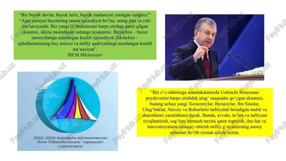 o muhammad ibn muso al-xorazmiy muhammad ibn muso al- xorazmiy jahon madaniyati taraqqiyotiga g’oyat katta hissa qo’shgan, fanning bir necha tarmoglariga asos solgan buyuk qomusiy olimdir. al-xorazmiy algebra fanining asoschisi. uning “al-kitob al muxtasar fi hisob al-jabr va al mugobala” asaridagi “al-jabr” so’zi lotincha transkripsiyada “algebra” ni anglatib, al- xorazmiy asos solgan yangi fanning-nomidir. _ forobiy (taxallusi; to ‘liq nomi abu nasr muhammad ibn muhammad ibn uzlug‘ tarxon forobiy) (873, forob sh. — 950, damashq) — o‘rta osiyoning ulug mutafakkiri va gomusiy olimi. ahmad vassaviy. xoja ahmad yassaviy markaziy osiyoning ijtimoiy-iqtisodiy, siyosiy va madaniy hayotida muhim mavgeyga ega bo'lgan. hozirgi turkiston, oldingi yassi yaqinidagi sayram shahrida tavallud topgan. yassaviyning tavallud sanasi ma lum emas. ayrim tadqigotchilar uni 63 yil yashagan deyishsa, ayrimlari 73 yoki 85 yil yashagan, deygan qarorga kelishgan. atoqli yassaviyshunos muhammad fuod kuprilizodaning aytishicha, yassaviy 120 yil yashab, hayotdan ko*z yumgan. rus olimi v.a.gordlevskiy bu_ragamni yana besh yilga …