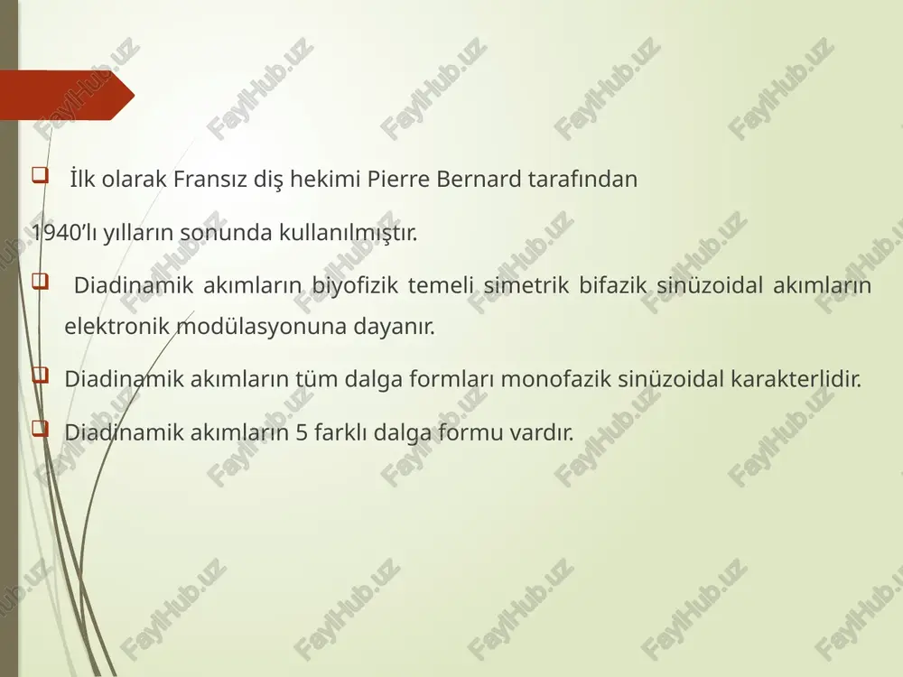 sn din 1 sn mf 1 sn din * sabit zamanlı mf’nin eşit dinlenme aralıkları ile uygulanmasıdır. diadinamik akımlar: difaz fikse (df)  monofaz fikse (mf)  kurt peryot (kp)  long peryot (lp)  ritm senkop (rs)  di̇adi̇nami̇k akimlarin terapati̇k etki̇leri̇ ağrı ve ödemde azalma di̇adi̇nami̇k akimlarin fi̇zyoloji̇k etki̇leri̇ uyarılabilirliği değiştirir, ağrı eşiği artar. vasomotor etki: vazodilatasyon + hiperemi kas uyarımı : azdan orta seviyeye artarken inhibitör ve eksitatör etkilerin birleşimi ile ağrının modülasyonu (maskelenmesi) gerçekleşir. di̇adi̇nami̇k akim uygulamasi i̇le fi̇zyoloji̇k ve tedavi̇ye dai̇r etki̇ler diadinamik akım monofazik, süre / akım şiddeti duyu sinirlerinin depolarizasyonu motor sinirlerin depolarizasyonu i̇nhibitör etki / eksitatör etki ağrının kontrolü endi̇kasyonlar - i esas olarak analjezik etki oluşturmak amacıyla kullanılmaktadır. herhangi bir yan etkileri yoktur. yön değiştirdikleri için dokuda iyon hareketine neden olmazlar. galvanik akımlar gibi yanık oluşturmazlar. endi̇kasyonlar - ii adale ve eklem hastalıklarında - eklem burkulmaları - adale burkulmaları - eklem …