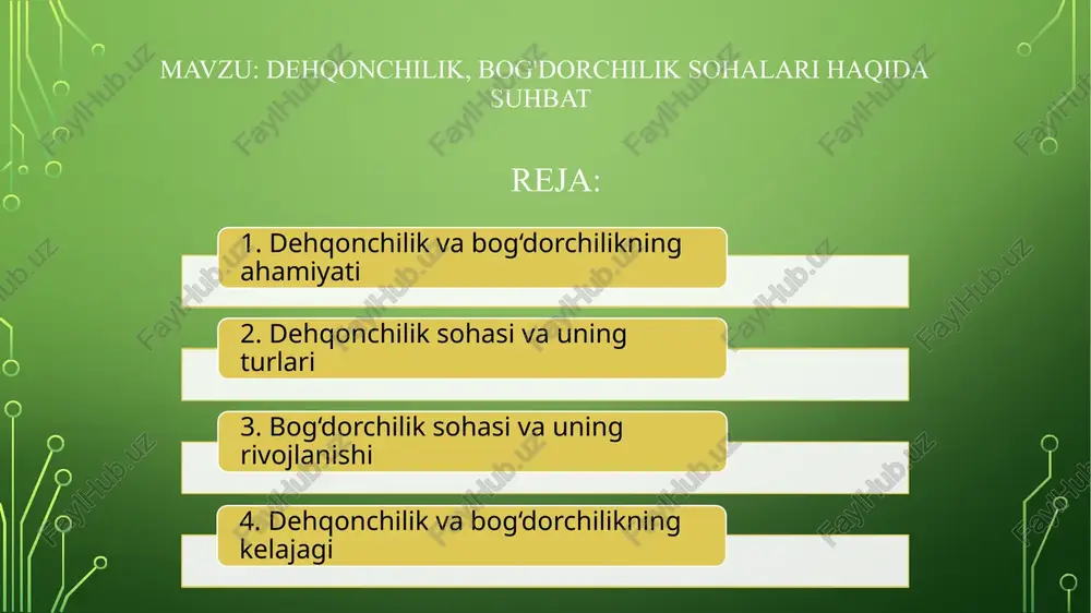 har bir hudud o‘ziga xos qishloq xo‘jaligi mahsulotlari bilan tanilgan (masalan, o‘zbekistonda anor, shaftoli, uzum, g‘alla yetishtirish). dehqonchilik va bog‘dorchilikning oziq-ovqat xavfsizligidagi o‘rni oziq-ovqat xavfsizligi har bir insonning sifatli va yetarli miqdorda oziq-ovqat mahsulotlariga ega bo‘lishini ta’minlashga qaratilgan muhim omillardan biridir. dehqonchilik va bog‘dorchilik ushbu xavfsizlikni ta’minlashda asosiy rol o‘ynaydi. 1. mahalliy oziq-ovqat mahsulotlarini yetkazib berish ✅ dehqonchilik va bog‘dorchilik asosiy oziq-ovqat manbai – don mahsulotlari, sabzavotlar, mevalar va dukkakli ekinlar insonning kunlik taomnomasini shakllantiradi. ✅ mustaqil ta’minot – o‘z mamlakatida yetishtirilgan mahsulotlar importga qaramlikni kamaytiradi va narxlarni barqaror saqlashga yordam beradi. ✅ oziq-ovqat mahsulotlari sifatini nazorat qilish – mahalliy fermerlar ekologik toza va sog‘lom mahsulotlarni yetishtirish orqali oziq-ovqat xavfsizligini ta’minlaydi. 2. sog‘lom ovqatlanishni ta’minlash ✅ tabiiy va foydali mahsulotlar – yangi uzilgan meva, sabzavot va don mahsulotlari inson organizmi uchun zarur vitamin va minerallarni beradi. ✅ kimyoviy vositalardan ehtiyotkorlik bilan foydalanish – organik dehqonchilik va bog‘dorchilik usullari sog‘lom oziq-ovqat …