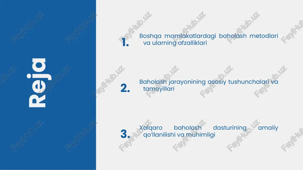 va ko'nikmalarini aniqlashga, ta'lim jarayonini moslashtirishga va muallimlar uchun baholash natijalariga asoslangan o'qitish strategiyalarini ishlab chiqishga yordam beradi. ta'lim sifatini oshirishdagi roli o'zbekiston va xalqaro tajribalar o'zbekiston baholash metodlari amaliyoti milliy sharoitlarga moslashtirilgan, statistik va sifatli usullardan foydalanadi. mahalliy ehtiyojlarga moslashtirilgan metodlar davlat statistikasi va ta'lim muassasalarida qo'llaniladi. xalqaro tajribalar esa, oecd, unesco kabi tashkilotlar tomonidan ishlab chiqilgan baholash metodlarini o'z ichiga oladi. bu metodlar global standartlarga asoslangan bo'lib, pisa, timss kabi xalqaro baholash tizimlarida qo'llaniladi. o'zbekiston uchun muhim bo'lgan jihat, xalqaro tajribalarni mahalliy sharoitlarga moslashtirishdir. bu orqali ta'lim sifatini oshirish mumkin. 1 2 3 baholash metodlarining qo'llanilishi baholash metodlari amaliy qo'llanilishi muhim. testlar, suhbatlar va loyiha ishlari orqali o'quv natijalari baholanadi va rivojlantiriladi. baholash ta'lim tizimida faqat talabalarning bahosi uchun emas, balki ta'lim sifatini oshirish va muvofiqlashtirish uchun ham ishlatiladi. bu jarayon ta'lim faoliyatini tahlil qilish va yaxshilashga yordam beradi. o'qituvchilar va talabalarning baholash metodlariga bo'lgan munosabati muhim. natijalar …