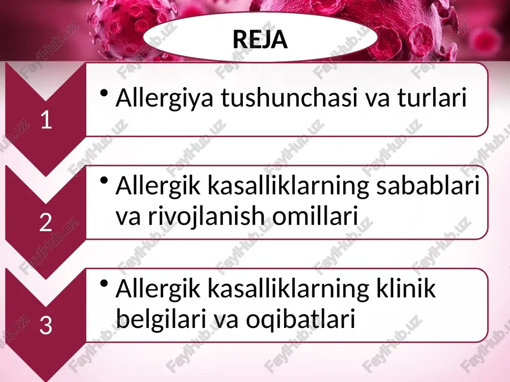 nlar — bu tashqi muhitdan organizmga kiradigan moddalar: chang, gulchang, hayvon junlari, dori vositalari, oziq-ovqat mahsulotlari, mikroblar va kimyoviy moddalar. endogen allergenlar — bu organizmning o‘zida hosil bo‘ladigan allergenlardir. ular, odatda, hujayra yoki to‘qimalar shikastlanganda paydo bo‘ladi (masalan, kuyish, sovuq urish yoki infeksiya oqibatida). allergiya mexanizmi odatda ikki bosqichda kechadi: birinchi bosqichda organizm allergen bilan tanishadi va unga qarshi maxsus antitanachalar (immunoglobulinlar) hosil qiladi; ikkinchi bosqichda esa allergen yana organizmga kirganda immun tizimi uni “eslab qolgan dushman” sifatida tanib, keskin javob reaksiyasini — ya’ni allergik simptomlarni — yuzaga keltiradi. allergiya nima? allergiya juda keng tarqalgan. sog’liqni saqlash organlari ma’lumotiga binoan shimoliy amerika va g’arbiy evropada taxminan 20% odamlar pollinoz(allergik rinokonyuktivit, allergik rinit)ga duchor bo’lishgan. butun dunyoda allergiya bilan kasallanganlar soni ortib bormoqda. «allergy uk» ma’lumotlariga ko’ra, taxminan 30-40% odamlar hayotlarining bir qismida allergiyaga duchor bo’lishadi. allergiya eng ko’p bolalarda uchraydi, ayniqsa oziq-ovqatga nisbatan allergiya kuzatiladi. allergiyalar turli belgilariga ko‘ra bir …