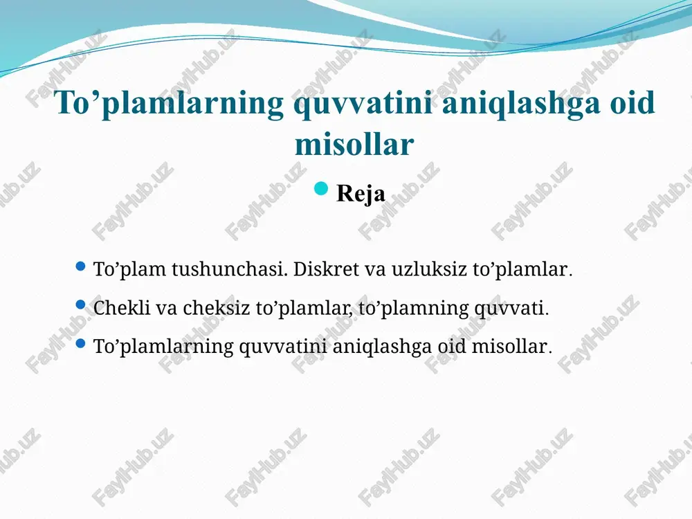 bo’lgan to’plam chekli to’plam deb ataladi. masalan, a = { a, 3 } deb berilgan to’plam chekli to’plamdir, chunki bu to’plamning elementlari soni (miqdori) 2 ga teng, 2 esa natural sondir. biror kitobdagi varaqlar to’plami ham chekli to’plamdir, chunki varaqlar miqdori ham biror natural songa teng bo’ladi. elementlari soni (miqdori) cheksiz bo’lgan to’plam cheksiz to’plam deb ataladi. masalan, natural sonlar to’plamining o’zi, ya’ni n = { 1, 2, 3, … } to’plam cheksiz to’plamdir, chunki biror natural son har qancha katta bo’lmasin, unga 1 ni qo’shib undan keyingi va undan katta natural sonni ko’rsatishimiz mumkin. aylanadagi nuqtalar to’plami ham cheksiz to’plamdir. haqiqy sonlar to’plami ham cheksiz to’plamdir, bu to’plamning biror ikkita turli son bilan chegaralangan kesmasi yoki intervali ham cheksiz to’plamdir. masalan, 0 dan katta va 1 dan kichik bo’lgan barcha haqiqiy sonlar to’plami, ya’ni t = { x | x ∈ r, 0 |c|. to’plamning quvvati, yuqorida aytganimizdek, to’plamdagi …