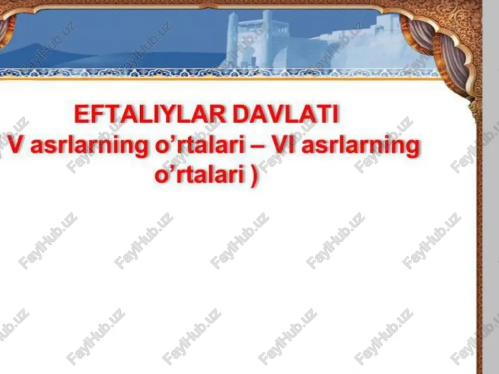 nning tanga pullari bilan bir qatorda buxorxudotlar tangasi, sug‘diy va xorazm tangalari ham keng muomalada yurgan eftaliylar eron, hindiston, xitoy va uzoq vizantiya davlatlari bilan ham qizg‘in savdo alogalarini olib borgan. xitoy va boshga davlatlarga ip, gazlama, paxta, karboz, qorako’l terisi, tulporlar, mevalar, va shisha buyumlar chagarilg an. fa) mi shared | lo set adot et holl set osl ed ln tai det eftaliylar davrida madaniy hayoti eftaliyalar davrida o‘lkamizda yozuv madaniyati ham rivoj topgan. aholi o‘rtasida keng tarqalgan sug‘d yozuvi bilan birlikda xorazm va eftaliy yozuvlari ham go‘llanilgan. eftaliylar davri qo‘shiqlari va eposlari firdavsiyning mashhur «shohnoma»sida ham o‘z ifodasini topgan. {faq myshared moniylik amid ») buddaviylik nasroniylik otashparastlik yahudiylik {gal myshared 4a) myshared "mazdak qo'zg oloni mazdak (470-529) — mazdakiylik ta’limotining asoschisi, mazdakyilar harakati rahbari jazdak qo’zgoloni vi asr birinchi choragida eronda boshlanib, o’rta osiyo hududiga ham keng targalgan. mazdak qo’zg’oloni tez orada hukmron tuzum kuchlari tomonidan bostirildi. fugarolarning …