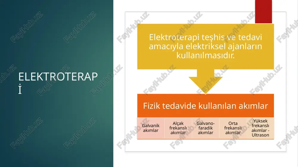 ım şiddeti 5ma) ağrı azaltması için pasif elektrot aktif elektrottan büyük olmalı ve pasif elektrot olabildiğince proksimale bağlanmalı tedavi süresi 15-30 dk olmalı (-) kutuptan verilen iyonlar i̇yot: sertleşmiş eklemleri açmada, skar yumuşatmada kullanılır. klor: sertleşmiş dokuları yumuşatmada kullanılır. salisilat: romatizmal hastalıklarda kullanılır(duyu sinirleri üzerinde analjezik etkisi vardır). sitrat: ra akut evresinde kullanılır. asetat: donuk eklemlerde, kalsifik birikimlerde kullanılır.ca++ absorbsiyonunu hızlandırır. (+) kutuptan verilen iyonlar çinko: atiseptik özelliği vardır. yaralarda kullanılır bakır: fungus enfeksiyonunda,yüzeyel yaralarda kullanılır. su içi uygulanabilir. hidrokortizon: + kutuptan uygulanır. antiinflamatuar etkisi vardır. lityum prokayn: burkulma, bel ağrısı, musküler kökenli ağrılarda kullanılır. magnezyum: bursit, periartritlerde kullanılır. histamin: kapiller dilatasyon, arterial dilatasyon ve lokal ödem etkisi vardır. bu etkilerden dolayı kronik ödem ve dolanım bozukluklarında kullanılır. teknik olarak histamin deriye sürüldükten sonra ıslak elektrot yastığı ve elektrot (+) kutba bağlanır. 5ma akım 3-5 dk verilir. kontraendikasyonlar terapatik iyonlara aşırı duyarlılık açık lezyonlar duyu kaybı uygulama alanında elektronik implant …