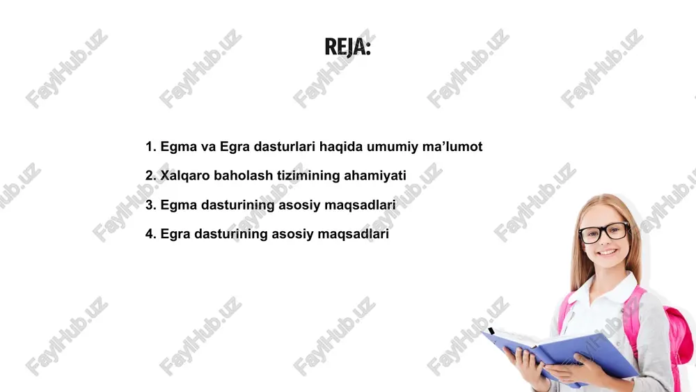 rini baholaydi. egra dasturining asosiy maqsadi – bolalarning savodxonligi darajasini o‘lchash va o‘rganish orqali ta'lim strategiyalarini rivojlantirishga zamin yaratishdir. 01 ushbu dastur orqali o‘qituvchilar, ota-onalar hamda mutasaddilar o‘quvchilarning o‘qish malakalarini baholab, ta'limni yanada yaxshilash choralarini ko‘rishadi. dasturlar mazmuni va qamrov sohasi egma va egra xalqaro baholash dasturlari o‘quvchilarning bilim darajasini aniqlash uchun mo‘ljallangan. ular keng ko‘lamli baholov usullarini o‘z ichiga oladi. bu dasturlar o‘quvchilarning funktsional savodxonligini, tanqidiy fikrlash va amaliy ko‘nikmalarini baholashga qaratilgan. mazmuni zamonaviy ta’lim standartlariga mos etib tuzilgan. qamrov sohasi matematika, o‘qish savodxonligi, ilmiy fanlar kabi asosiy yo‘nalishlarni o‘z ichiga oladi. davlat siyosatiga mos ravishda natijalar tahlil qilinadi. baholash natijalarining ta’lim tizimiga ta’siri egma va egra xalqaro baholash dasturlari o‘quvchilarning bilim va ko‘nikmalarini xalqaro standartlarga muvofiq baholashga xizmat qiluvchi muhim vositadir. bu dasturlar orqali ta’lim sifatiga ta’sir ko‘rsatish mumkin bo‘lib, o‘quvchilarning kuchli va zaif tomonlari aniq ko‘rsatib beriladi. natijalar asosida ta’lim siyosati va rejalashtirishda islohotlar qilinadi, bu esa …