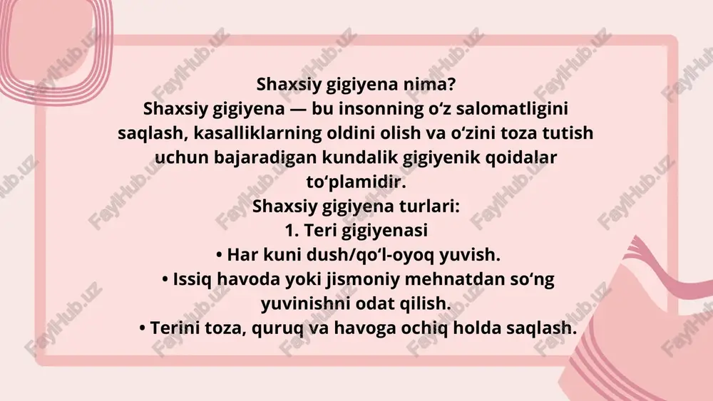 alari • kasalliklardan himoya • o‘ziga ishonch • toza va salomat tana • ijtimoiy muloqotda qulaylik e’tiborsizlik oqibatlari • teri kasalliklari • tish chirishi, og‘izdagi muammolar • zamburug‘lar va yallig‘lanish • salbiy hid va psixologik noqulaylik shaxsiy gigiyenaga amal qilmaslik oqibatlari: • teri kasalliklari (issiqlik toshmasi, qichishish, yiringli yallig‘lanish). • og‘izdagi kasalliklar (tish kariesi, milk yallig‘lanishi). • ichki infeksiyalar. • badbo‘y hid va noqulaylik hissi. • ijtimoiy muammolar (atrofdagilar bilan muloqotda noqulaylik). foydalanilgan adabiyotlar: 1. karimov s., jo‘raev a. va boshqalar. “umumiy gigiyena” – o‘zbekiston tibbiyot akademiyasi nashriyoti, 2020. 2. yo‘ldoshev a.y. “tibbiyot gigiyenasi asoslari” – toshkent, 2019. 3. sultonov a. “shaxsiy gigiyena va salomatlik” – toshkent, o‘qituvchi, 2018. 4. o‘zbekiston respublikasi sog‘liqni saqlash vazirligi materiallari (www.ssv.uz) 5. jahon sog‘liqni saqlash tashkiloti (jsst/who) “personal hygiene guidelines”, www.who.int, 2022. thank you image1.png image2.svg image3.png image4.svg /docprops/thumbnail.jpeg