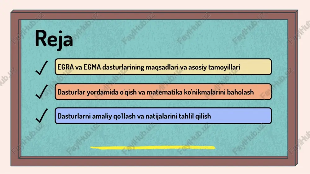 ni rivojlantirish, muammo hal qilish va amaliy ko'nikmalarini oshirishga qaratilgan. natijalar va ta'sirlar: baholash natijalari talabalarning kuchli va zaif tomonlarini aniqlashga yordam beradi. shuningdek, shaxsiy va jamoaviy rivojlanish uchun tavsiyalar beriladi, bu esa ta'lim sifatini oshirishga xizmat qiladi. 1 2 3 dasturlarni amaliy qo'llash dasturlarni amaliy qo'llash jarayonida o'qituvchilar va o'quvchilar uchun amaliyotlar o'tkaziladi, natijalar baholanadi. muammolar aniqlanib, metodlar takomillashtiriladi, bu esa dasturlarni samarali ishlashiga yordam beradi. test natijalari va fikr-mulohazalar asosida dasturlarni takomillashtirish uchun chora-tadbirlar ishlab chiqiladi. texnik muammolar va o'qituvchilarning tayyorgarligi muhim rol o'ynaydi, ularni hal qilish uchun strategiyalar ishlab chiqiladi. 1 2 natijalarni tahlil qilish olingan natijalarni tahlil qilish usullari statistik usullar, o'zaro solishtirish va identifikatsiya tahlil usullari hisoblanadi. grafiklar va jadval ishlatish tahlil jarayonini aniqroq qiladi. grafiklar va jadval ishlatish tahlil jarayonida muhim rol o'ynaydi. ular natijalarni vizual tarzda tahlil qilish va taqdim etishni osonlashtiradi. tahlil natijalarining ta'siri tahlil natijalari ta'lim sifatini oshirish uchun muhim. ular …
