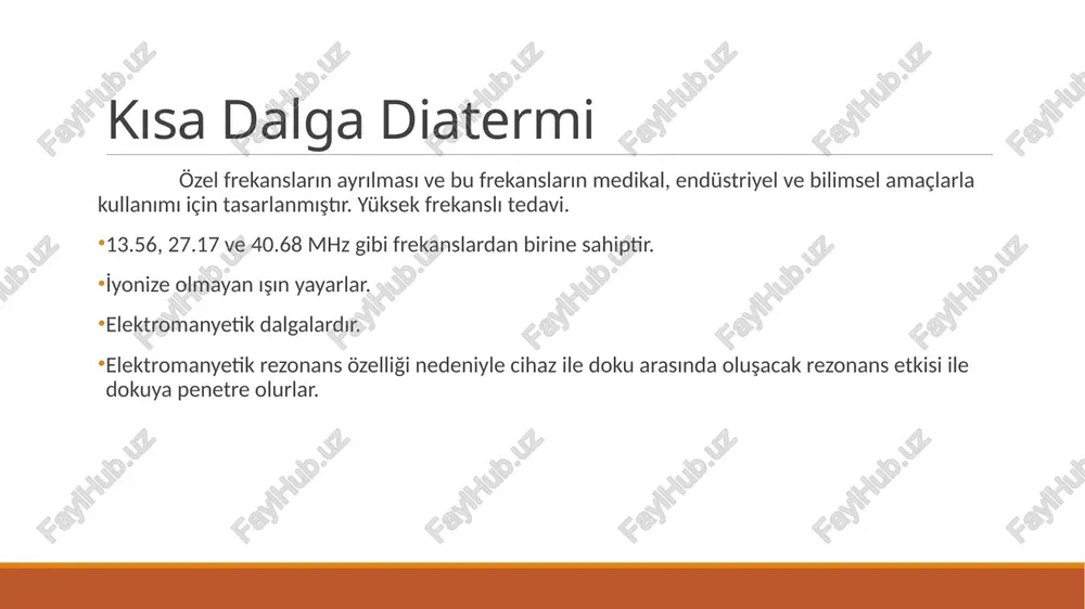 rasındaki mesafe elektrotların deriye olan uzaklıkları toplamından büyük olmalıdır. kondansatör saha tekniği kondansatör elektrotlarla uygulanır. bunlar sıklıkla camdır ve farklı boyutları mevcuttur. uygulamada elektrik kuvvet çizgileri önem taşır. güçlü elektriksel alan, zayıf manyetik alan yayılımı oluşur. daha yüzeysel dokularda ısınma yapar. kablo uygulama tekniği kablonun uçlarında elektriksel saha, ortasında manyetik saha bulunur. elektriksel saha derin, manyetik saha yüzeyel dokuları ısıtır. güçlü manyetik alan, zayıf elektriksel alan. derin dokulara penetre olabilir. yüksek sıvı içeren bölgelere uygulanması uygundur. sarım şeklinde kablo kablolar birbirine paralel olmalı. aynı yönde olmalı birbirine değmememeli daha çok ekstiremitelerde kullanılır. spiral/izgara şeklinde kablo sarımlar birbirine değmemeli karın ve sırt gibi bölgelerde uygulanır. endikasyonları osteoartrit, ayak bileği burkulmaları, subdeltoid kalsifiye bursit, akut boyun yaralanması, kronik boyun ağrısı, yara iyileşmesi, bel ağrısı, pelvik inflamasyon, herpes zoster, yumuşak doku lezyonları ve tempromandibular eklem hastalıklarında ve derin ısı istenen tüm durumlarda endikedir. kontraendikasyonları kanserli dokular, iskemik veya hemorajik alanlar, metal implant üzerine, …
