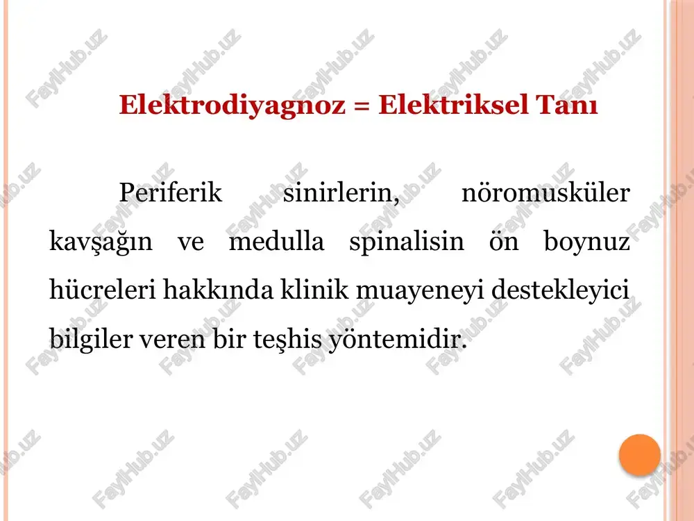 elektrot intramüsküler uygulanır veya iki yüzeyel elektrot kas üzerinde cilde yerleştirilip toprak elektrot mümkün olduğunca uzağa, elektriksel olarak nötral bir bölgeye konulur. galvani̇k test pasif elektrot aletin pozitif ucuna bağlanır. aktif elektrot aletin negatif ucuna bağlanır. aktif elektrot motor noktaya konur akım şiddeti, 0’dan başlayarak yavaş yavaş artırılır. gözle görülen ilk kontraksiyonun elde edildiği akım şiddeti kaydedilir. önce sağlam sonra hasta tarafa uygulanır 14 faradi̇k test - i kutup önemli değil fakat yine de aktif elektrod (-) kutuba bağlanır. pasif elektrod vücudun herhangi bir yerine, aktif elektrod test edilecek adele veya sinirin motor noktasına konur. gözle görülebilen ilk kontraksiyon elde edildiği zaman akım kesilir ve şiddeti okunur. faradi̇k test - ii sonuçlar sağlam tarafla karşılaştırılır. *dejenere adele galvaniğe cevap verdiği halde faradiğe vermez. *normalde sinir adeleye göre stimülasyona daha çabuk cevap verir. dejenerasyon reaksi̇yonlari kısmi dejenerasyon reaksiyonu tam dejenerasyon reaksiyonu absolüt (kesin) dejenerasyon reaksiyonu kismi̇ dejenerasyon reaksi̇yonu a)sinirin faradik ve …