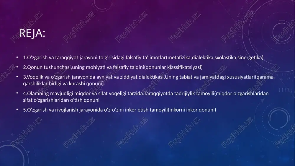 sa qilib quyidagicha ta'rif berish mumkin:qonun olamdagi predmet,hodisa va hodisalar o'rtasidagi o'zaro ichki ,obyektiv,umumiy zaruriy muhim va takrorlanib turuvchi bog'lanishlar,aloqalar va munosabatlarning namoyon bo'lishidir. qonunlar xilma xil bo'lib obyektiv xususiyatni amalga oshirishiga qarab farqlanadi,bular -tabiat qonunlari -jamiyat qonunlari -tafakkur qonunlari tabiat qonunlarining eng muhim xususiyati-u obyektiv xarakterga ega,ya'ni u insonga uning xoxish irodasiga ham bogʻliq emas.chunki bu qonunlarning asosini tashkil qilgan bog'lanishlar obyektiv xususiyatga ega. tabiat qonunlari hali yer yuzida inson mavjud bo'lmagan paytda ham mavjud bo'lgan.jamiyat qonunlari ham obyektiv bo'lib,inson va uning faoliyati natijasida paydo bo'lgan shart-sharoit bilan bogʻliq ravishda yuzaga kelgan.jamiyat qonunlarining bir qismi inson paydo bo'lgandan buyon amal qilib kelayotgan boʻlsa,baʼzi birlari maʼlum tarixiy davr mobaynida amal qilib o'z o'rnini yangi qonunlarga bo'shatib beradi. qonunlarning turlari eng umumiy-universal qonunlar(falsafiy qonunlar) umumiy qonunlar(tabiat,jamiyat va tafakkur qonunlari) xususiy qonunlar(fizikaviy,kimyoviy) falsafaning 3ta qonuni bo'lib bular: -qarama-qarshiliklar birligi va kurashi qonuni -miqdor o'zgarishlarining sifat o'zgarishlariga o'tish qonuni -inkorni inkor qonuni qarama-qarshiliklar …