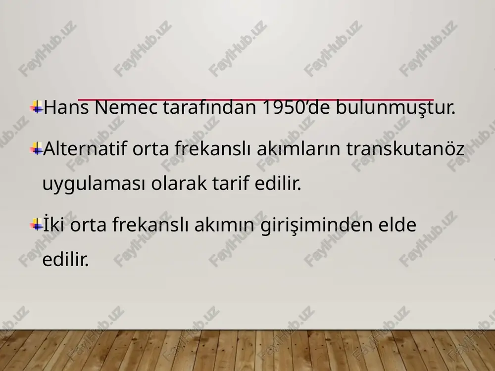 akım daha düşük deri direnci ile karşılaşır (impedance) dolayısıyla alçak frekanslı akımdan daha rahattır. orta frekanslı akım kullanmak ciltten daha fazla penetrasyon toleransı sağlar. fi̇zyoloji̇k etki̇leri̇ analjezi̇k etki̇ ağrının giderilmesi alçak frekanslı akımlarda bahsedilen mekanizmalarla ilgidir. bunlar:  kapı kontrol teorisi,  sinir iletiminde blokaj,  dolaşımda artış sonucu ağrı reseptörlerini uyaran kimyasal maddelerin uzaklaştırılması. kapı kontrol teorisine göre geniş myelinli liflerin uyarımı ile medulla spinalis düzeyinde ağrı uyarımının üst merkezlere iletimi engellenir. sinir iletiminde blokaj ile a delta ve c liflerinde geçici fizyolojik blok oluşturur ve ağrı azaltılır. (40 hz üzerinde) i̇nen ağrı supresyon sistemi selektif olarak uyarılır ve endojen opioidler açığa çıkarılır (15 hz sabit uygulama). dolaşımda artış sonucu ağrı reseptörlerini uyaran kimyasal maddeler uzaklaştırılır. plasebo etki ile ağrı azaltılır. fi̇zyoloji̇k etki̇leri̇ motor etki̇ 0-10 dev/sn en etkili 0-100 arasındaki frekanslarda derin ve düz kasların uyarılabilirliği artar. denerve kası kastırmaz. fi̇zyoloji̇k etki̇leri̇ duyusal etki̇ deri direncini kolay yenebildiği …
