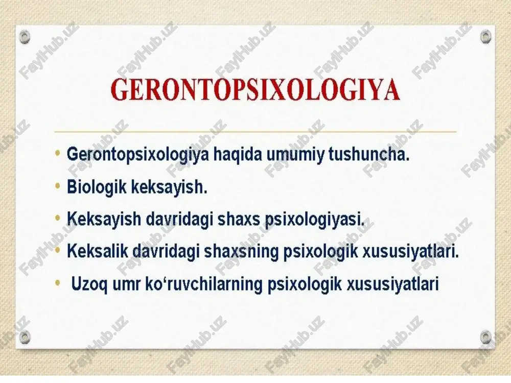a ko‘ra turlari ts) ° keksalikni o rganadigan fan sohalart geroatriya - klinik tibbiyotning keksalarga xos kasalliklarini o rganadigan hamda ularning oldini olish va davolash usullarini o' rganadigan fan sohasi. gerofarmokologiya - dori-darmonlar va ularning tarkibini keksaygan organizm uchun moslashtirish. gerogigiyena - katta yoshli kishilar gigiyenasi haqidagi soha. invalutsiya - 0’ sishdan orqaga qaytish. geteroxronlik - bir xil yoshdagilarda ruhiy jarayonlarning turlicha namoyon bo'lishi. © ce le ts) ie) ° keksayish davri 61 yoshdan 74 yoshgacha bo'lgan davrni o*z ichiga oladi. bu yoshdagi kishilar shaxslararo munosabatlarda boshqa yoshdagi kishilardan ajralib turadi. ularni shartli ravishda ikki guruhga bo' lish mumkin: * 1) mutlago istefoga chiqqan, ijtimoiy faol bo’ lmagan erkak va ayollar; ° 2) nafaqaga chiqqan erkak va ayollar, lekin ijtimoiy hayotning turli sohalarida faoliyat ko'rsatayotgan keksalar. ce 16 © e keksalik davri 75-90 davrlarni o'z ichiga oladi. keksalar jismoniy va aqliy faollikka moyil hamda passiv turmush tarziga ko nikkan gariyalar …