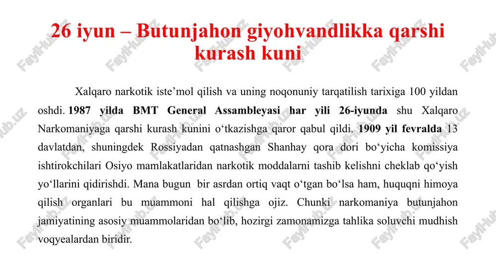 lar jamiyat hayotida tobora faollashib, o'z o'rniga ega bo'lib borayotgan bir vaqtda ayrim irodasi sust o'smirlarimiz giyohvandlik balosiga mubtalo bo'layotgani barchamizni tashvishga soladi. zero, og'u inson jismini qanchalik xarob qilsa, xuddi shunday jamiyatga ham mislsiz darajada zarar etkazadi. asr vabosi deb atalayotgan bu illat tinch-totuv yashayotgan oilalarni buzadi, bolalarni etim qiladi, muhtojlik, qashshoqlikda yashashga majbur etadi. oqibati esa, albatta, ayanchli yakunlanadi. giyohvandlik vositalarini, qaysi turi bo'lmasin, iste'mol qilishni boshlagan shaxs avvaliga unga o'rganish hosil qilishini barchamiz bilamiz. ammo bir bir yil o'tar-o'tmas giyohvand mehnatga yaroqsiz holatga kelib qoladi. natijada jinoyatga qo'l urishga majbur bo'ladi. ya'ni, navbatdagi giyohvandlik vositasini qabul qilish maqsadida o'g'irlikni o'z uyidan – oilasidan boshlaydi. mana, sizga buning yaqqol isboti. tahlilchilarning fikricha, giyohvand moddalarning keng tarqalishi bir qator ijtimoiy muammolarga sabab bo‘ladi. jumladan, demografik fojyealarni keltirib chiqaradi, ijtimoiy-iqtisodiy hayotda jinoyatchilik ko‘zga tashlanadi. bmtning jinoyatchilik va giyohvand moddalar ustidan nazorat boshqarmasi ma'lumotlariga ko‘ra, 2015 yilda giyohvandlikka ro‘ju qo‘yganlar so‘nggi …