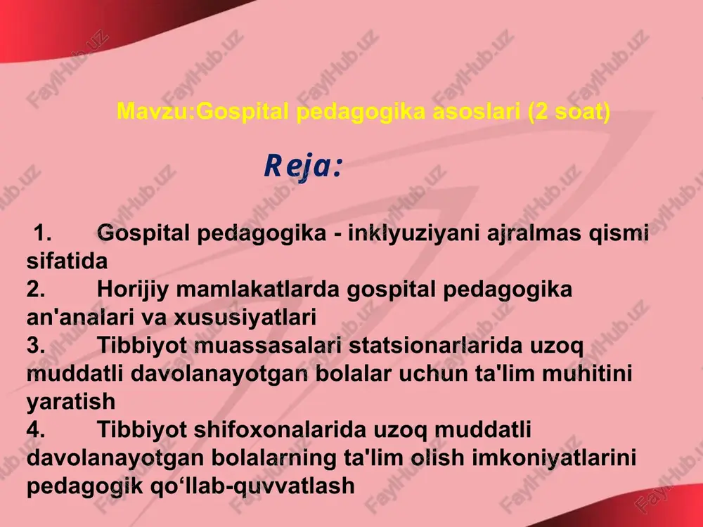 a shifo topish uchun davolanayotgan turli yoshdagi bolalar uchun tashkil qilingan mehrli maktabda alohida o‘quv rejasi ishlab chiqilgan bo‘lib, bu reja asosida 1- 11-sinflar hajmi doirasida umumiy o‘rta ta’lim berish ishlari yo‘lga qo‘yilgan. bu sinflar uchun dars mashg‘ulotlarining davomiyligi mamlakatdagi barcha umumta’lim maktablaridagi kabi stabil emas. sababi xastalik tufayli bolalarda oddiy va doimiy maktablarda tahsil olayotgan bolalar singari kuch-quvvat yetmay qolishi mumkin. aynan mana shu jihatlarni hisobga olgan holda, mehrli maktabda tashkil etiladigan dars jarayonlari boshlang‘ich ta’lim(maktab)ning 1-4- sinflari uchun 35 daqiqa va 5-11-sinflar uchun 40 daqiqa etib belgilangan. bir kunlik dars mashg‘ulotlarining soat hisobi ham qisqadir. o‘quv haftasining davomiylgida ham doimiy va oddiy maktablardan farq mavjud. bulardan tashqari bu maktabda ta’lim oluvchilarga, aniqrog‘i gematologiya, onkologya, immunologiya markazlaridagi bemoqr bolalarga qarayotganlarga bepul ovqat beriladi. maktab bolaning to‘laqonli reabilitatsiya bo‘lishi, moslashishi va ijtimoiylashiga ham xizmat qiladi, shuningdek, jarayonda ota-onalar ham qatnashishini ta’minlaydi. maktabda tahsil oluvchilarga ta’lim berish uchun avvalo, gospital pedagogikadan …