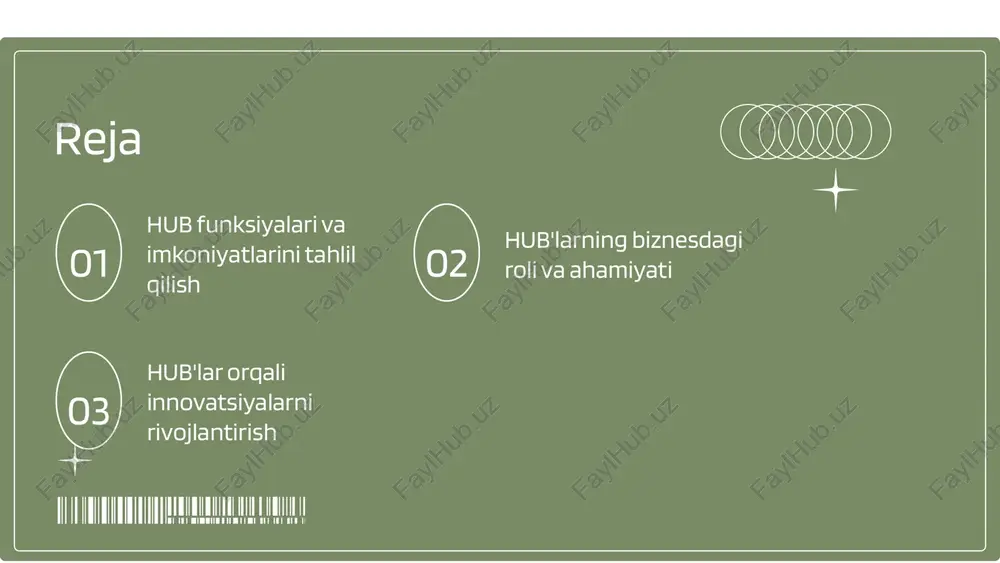 arshi kurash usullari: 1) moliya yetishmovchiligi bilan shug'ullanish uchun grantlar va investitsiyalarni jalb qilish; 2) raqobatbardosh bozor sharoitiga moslashish; 3) ijtimoiy va madaniy jihatlarni hisobga olish.\n\nhub'larni rivojlantirish uchun zarur bo'lgan resurslar: 1) malakali mutaxassislar; 2) innovatsion resurslar va texnologiyalar; 3) o'zaro hamkorlik va aloqa tarmoqlari. photo by brooke cagle on unsplash innovatsiyalarni qo'llab-quvvatlash hub'lar biznes jarayonlarini optimallashtirish va innovatsiyalarni amalga oshirishda muhim rol o'ynaydi. ular resurslarni birlashtirib, tadbirkorlarga yangi g'oyalarni amalga oshirish imkonini beradi. cheklangan resurslar ba'zi hub'lar mablag' va infratuzilma jihatidan cheklangan bo'lishi mumkin, bu esa ularning samaradorligini pasaytirishi mumkin. xalqaro hamkorlik hub'lar orqali tashkilotlar xalqaro tajribalarni o'rganish va yangi bozorlarni kashf etish imkoniyatiga ega bo'ladilar, bu esa innovatsiyalarni rag'batlantiradi. raqobat kuchayishi hub'lar orasida kuchli raqobat mavjud, bu esa ularning o'zini oqlashi va innovatsion yechimlar taklif etishini talab qiladi. s w o t hub'lar va hamkorlik munosabatlari hub'larning rivojlanishi hub'lar biznes va akademik sektorlar o'rtasidagi hamkorlikni rivojlantirishda muhim rol …