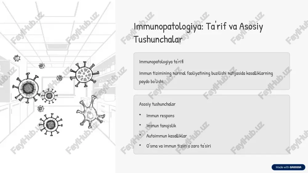'q qiladi, immun tizimni zaiflashtiradi. 2 opportunistik infeksiyalar roli zaiflashgan immun tizimda xavfli bakteriya va viruslar ko'payadi. 3 klinik oqibatlar oiv bilan birga infektsiyalar kasallik holatini og'irlashtiradi. 8 immunotanqisliklarda opportunistik infeksiyalarni davolash va oldini olish erta diagnostika infeksiyalarni erta aniqlash terapiya samaradorligini oshiradi. immunostimulyatsiya immun tizimni tiklashga qaratilgan dori-darmonlar qo'llanadi. profilaktika opportunistik infeksiyalarni oldini olish uchun profilaktik chora. 9 xulosa va kelajakdagi tadqiqotlar immunopatologiya o'rganilishining ahamiyati o'sma va immun tizim o'rtasidagi murakkab munosabatlarni aniqlash. kelajakdagi yo'nalishlar yangi immunoterapiya usullarini ishlab chiqish va molekulyar tahlillar. ilmiy hamkorlik ko'p tarmoqli tadqiqotlar bilan sifatli davolash strategiyalarini yaratish. 10 image-1002-1.png image-1-1.jpeg image-1003-1.png image-2-1.jpeg image-1004-1.png image-1005-1.png image-4-1.jpeg image-1006-1.png image-1007-1.png image-6-1.jpeg image-1008-1.png image-7-1.png image-7-2.png image-7-3.png image-1009-1.png image-8-1.jpeg image-1010-1.png image-9-1.jpeg image-1011-1.png image-10-1.jpeg made with gamma made with gamma made with gamma made with gamma cancer made with gamma made with gamma made with gamma made with gamma made with gamma | 4 sy 1 hi made with …