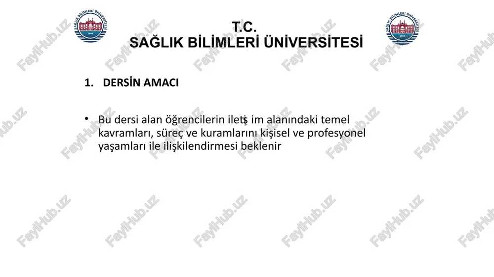 ̇ en uzak mesafe ne afrika’dır ne çin, ne hindistan, ne seyyareler, ne de yıldızlar geceleri ışıldayan… en uzak mesafe; iki kafa arasındaki mesafedir birbirini anlamayan... 8 t.c. sağlik bi̇li̇mleri̇ üni̇versi̇tesi̇ i̇çerik giriş i̇letişim nedir? etkili i̇letişim amacı i̇letişimin önemi neden iletişim kurarız? mesajlar nasıl gönderilir ve alınır? i̇letişimin sınıflandırılması sonuç 9 t.c. sağlik bi̇li̇mleri̇ üni̇versi̇tesi̇ 1. i̇letişim nedir? i̇letişim, bir kaynaktan (kişi, kişiler veya organizasyon), bir araçla (yazılı, sözlü, görsel veya beden dili ile), bilgi, haber, düşünce, durum, duygu veya kültürün bir başka insan veya insan topluluklarına aktarılmasıdır. 10 t.c. sağlik bi̇li̇mleri̇ üni̇versi̇tesi̇ 1. i̇letişim nedir? kişiler arası duygu ve düşünce alışverişidir.. 11 t.c. sağlik bi̇li̇mleri̇ üni̇versi̇tesi̇ 1. i̇letişim nedir? etkili iletişim iki yönlü bir süreçtir, bir verici ile bir alıcı arasındaki düşünce alışverişidir. her bir tarafın bu sürece katılımı geçmiş deneyler, değerler, ihtiyaçlar ve duygulardan çıkan kişisel algılamalara dayanır. c. e. bingaman 12 t.c. sağlik bi̇li̇mleri̇ üni̇versi̇tesi̇ 1. …
