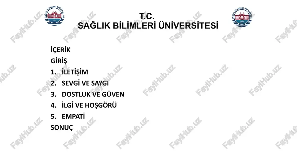 ıdır. sevgi; hoşgörüdür; fakat vurdumduymaz olmak, boş vermek değildir, sevgi; insanın kendini tanımasına ve yeteneklerini geliştirmesine yardım etmektir. 10 t.c. sağlik bi̇li̇mleri̇ üni̇versi̇tesi̇ saygı; saygı, korkmak ve çekinmek değildir. sözcüğün kökenine göre, bir insanı olduğu gibi görebilme yetisini, onu özgün bireyselliği içinde fark edebilmeyi belirtmektedir. saygı, diğer kişinin, dilediğince büyüyüp gelişmesine duyulan ilgi anlamına gelir. saygı duymak: karşımızdaki kişilere saygı duymak onların varlığını kabul etmek, önemli ve değerli olduklarını hissettirmek, olduğu gibi benimsemek anlamını taşır. saygılı olun ki çevrede size saygılı olsun! 11 t.c. sağlik bi̇li̇mleri̇ üni̇versi̇tesi̇ dostluk ve güven; hayat tek renk bir tablo değildir. bazen siyah, bazen beyaz, bazen gri, bazen de rengarenk olur. i̇şte hayatın bu her biri farklı olan zamanlarında her zaman bir dosta ihtiyaç duyarız. dost, iyi günde neşemizi, kötü günde üzüntümüzü paylaşır. gerçek dostlar, hem iyi hem kötü günde yanınızda olur. i̇yi günde herkes yanınızda olurken kötü günde yalnızca dostlarınız sizin elinizi tutar. dostluk …